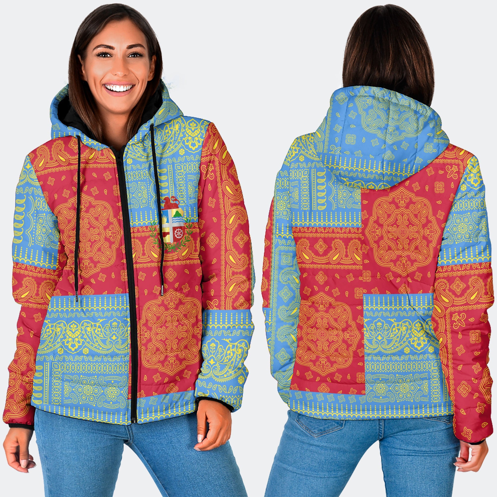 Aruba Women Hooded Padded Jacket Flag And Paisley Basic Style 3