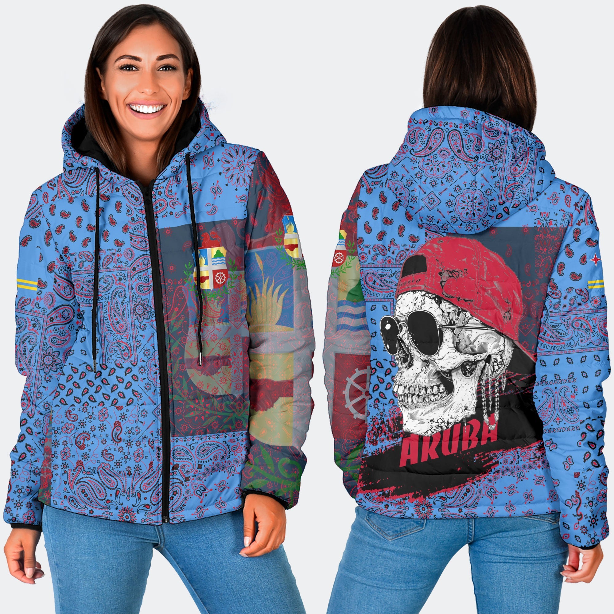 Aruba Women Hooded Padded Jacket Paisley Flag And Skull Style 3