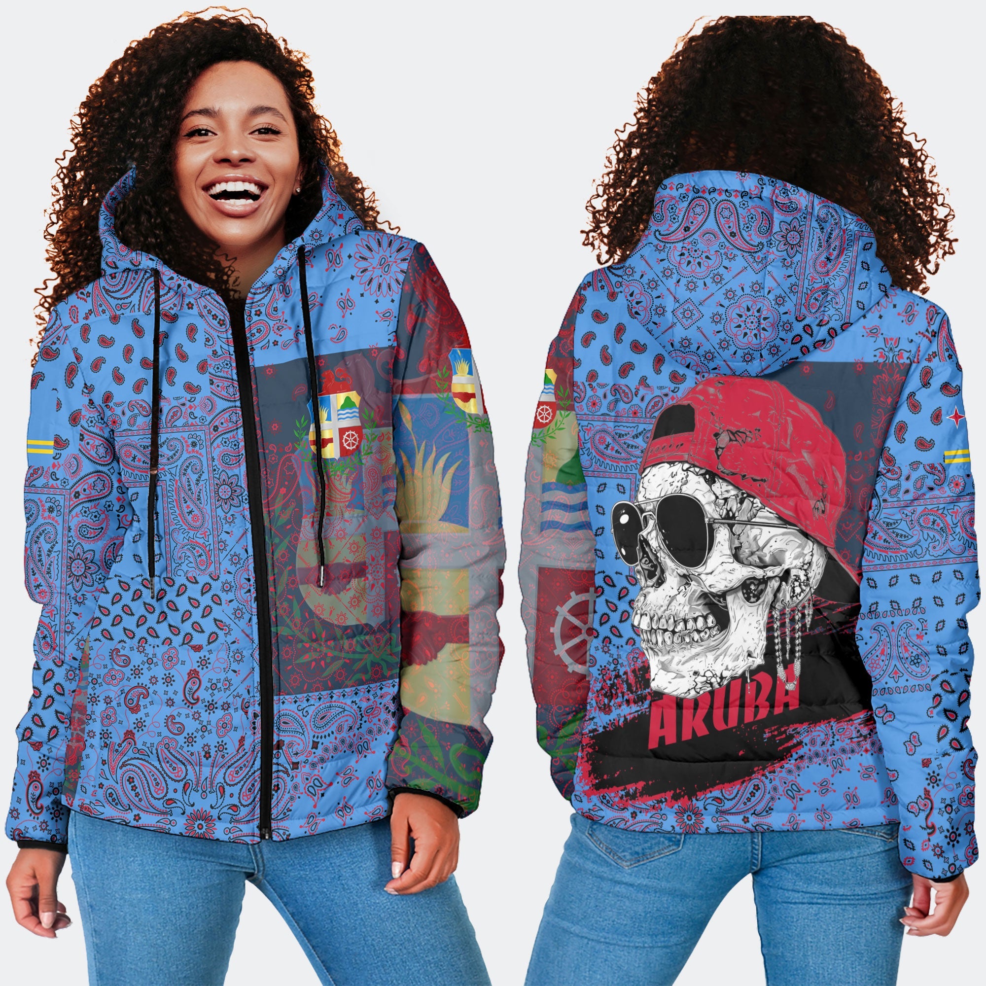 Aruba Women Hooded Padded Jacket Paisley Flag And Skull Style 4