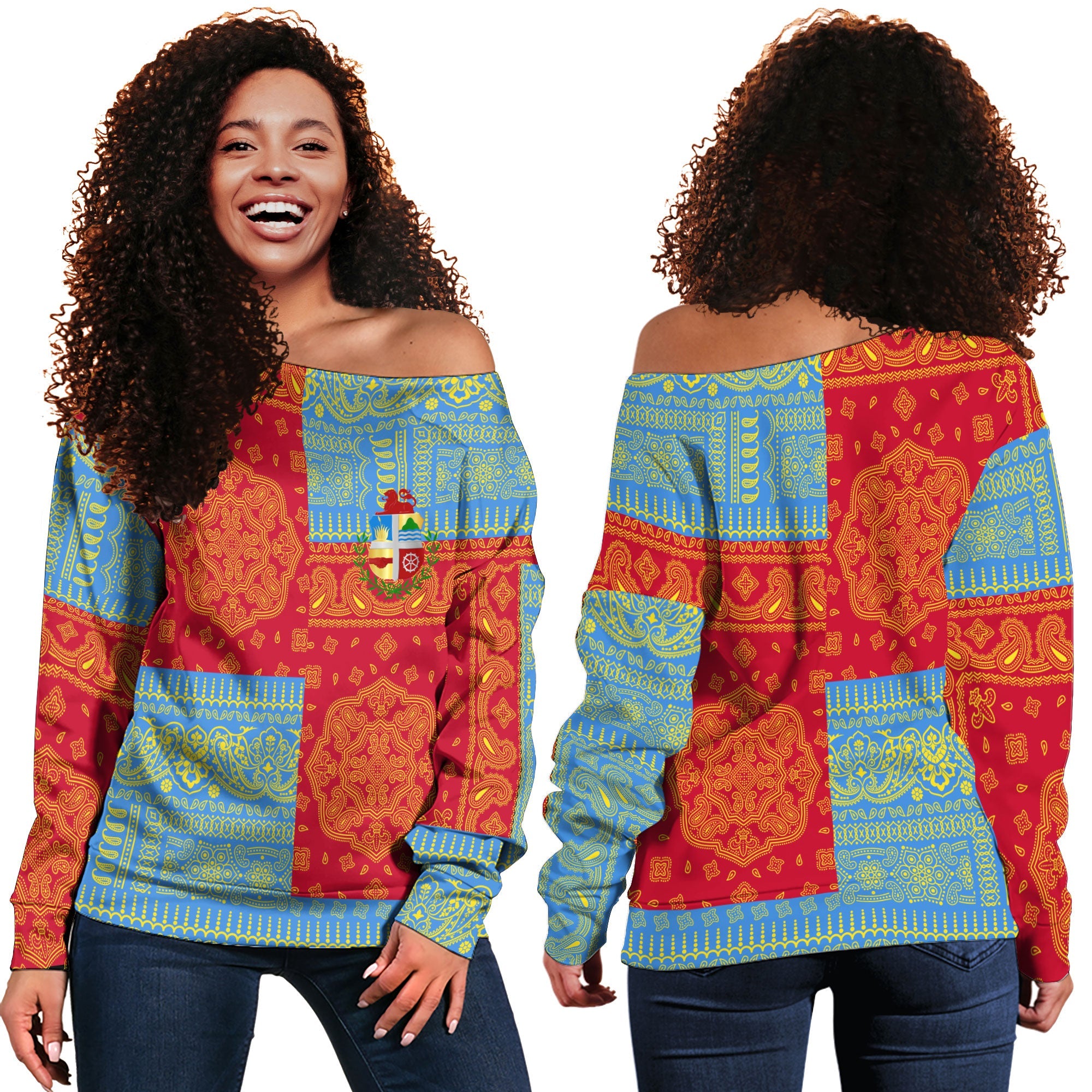 Aruba Women Off Shoulder Sweatshirt Flag And Paisley Basic Style 1