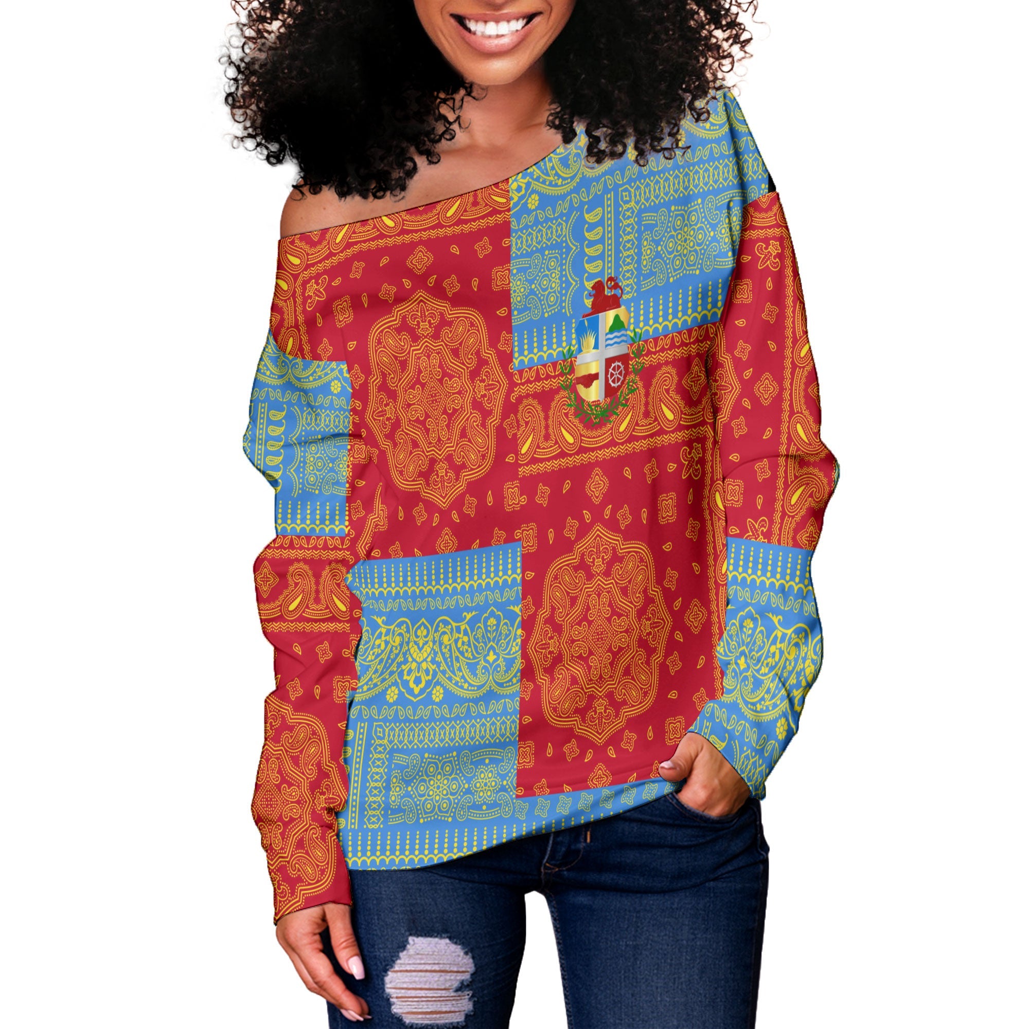 Aruba Women Off Shoulder Sweatshirt Flag And Paisley Basic Style 2