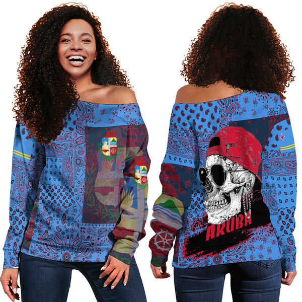 Aruba Women Off Shoulder Sweatshirt Paisley Flag And Skull Style 1