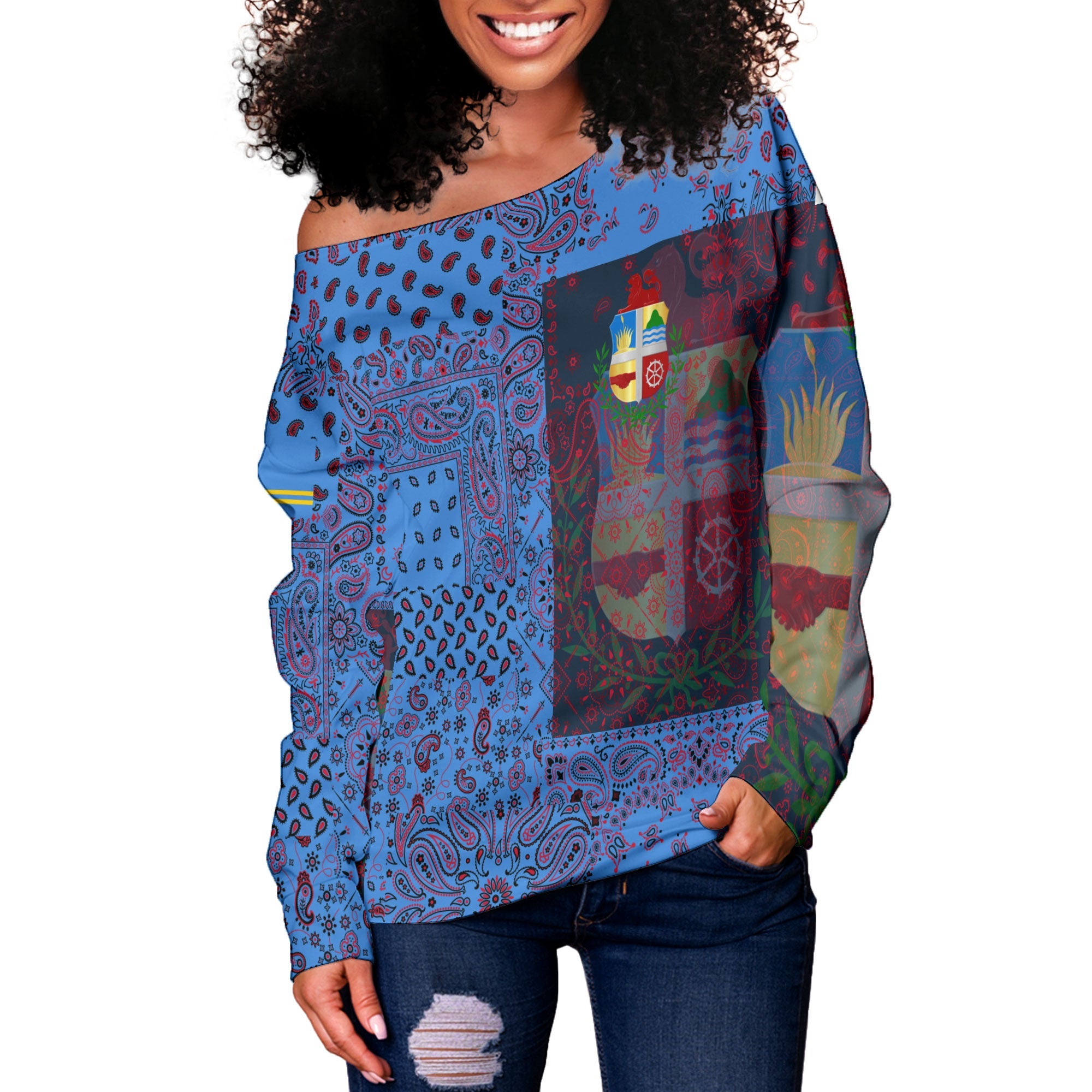 Aruba Women Off Shoulder Sweatshirt Paisley Flag And Skull Style 2