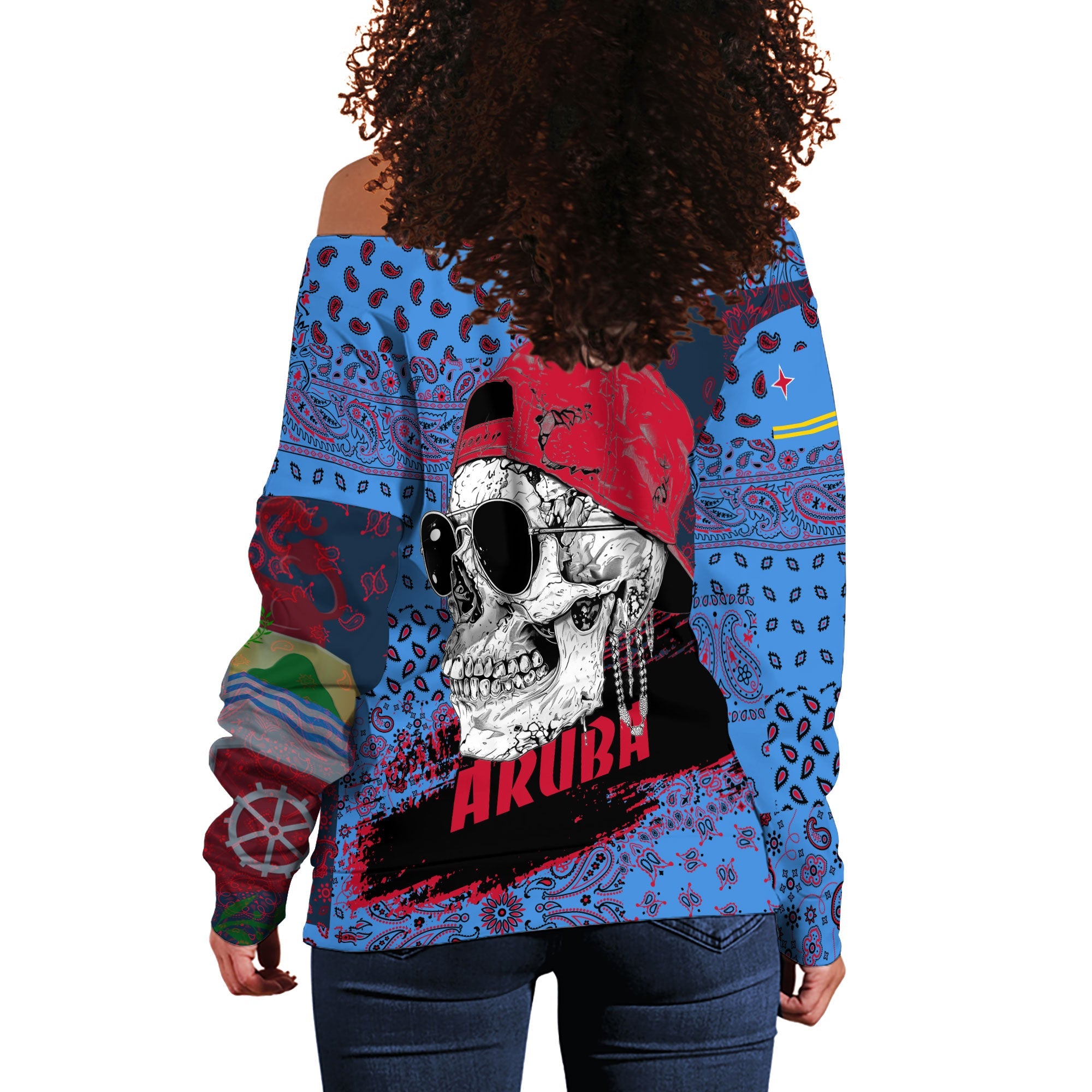 Aruba Women Off Shoulder Sweatshirt Paisley Flag And Skull Style 3