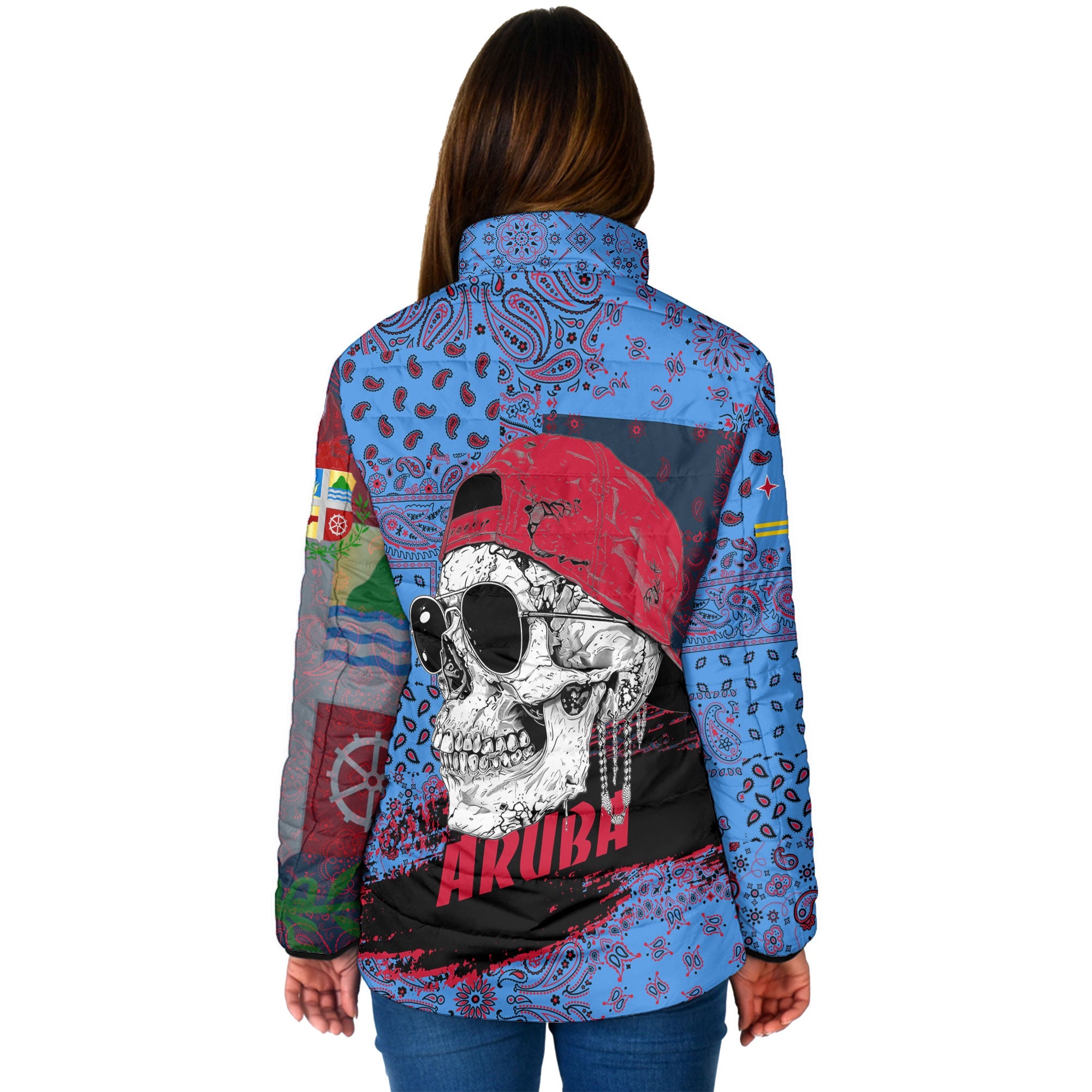 Aruba Women Padded Jacket Paisley Flag And Skull Style 2