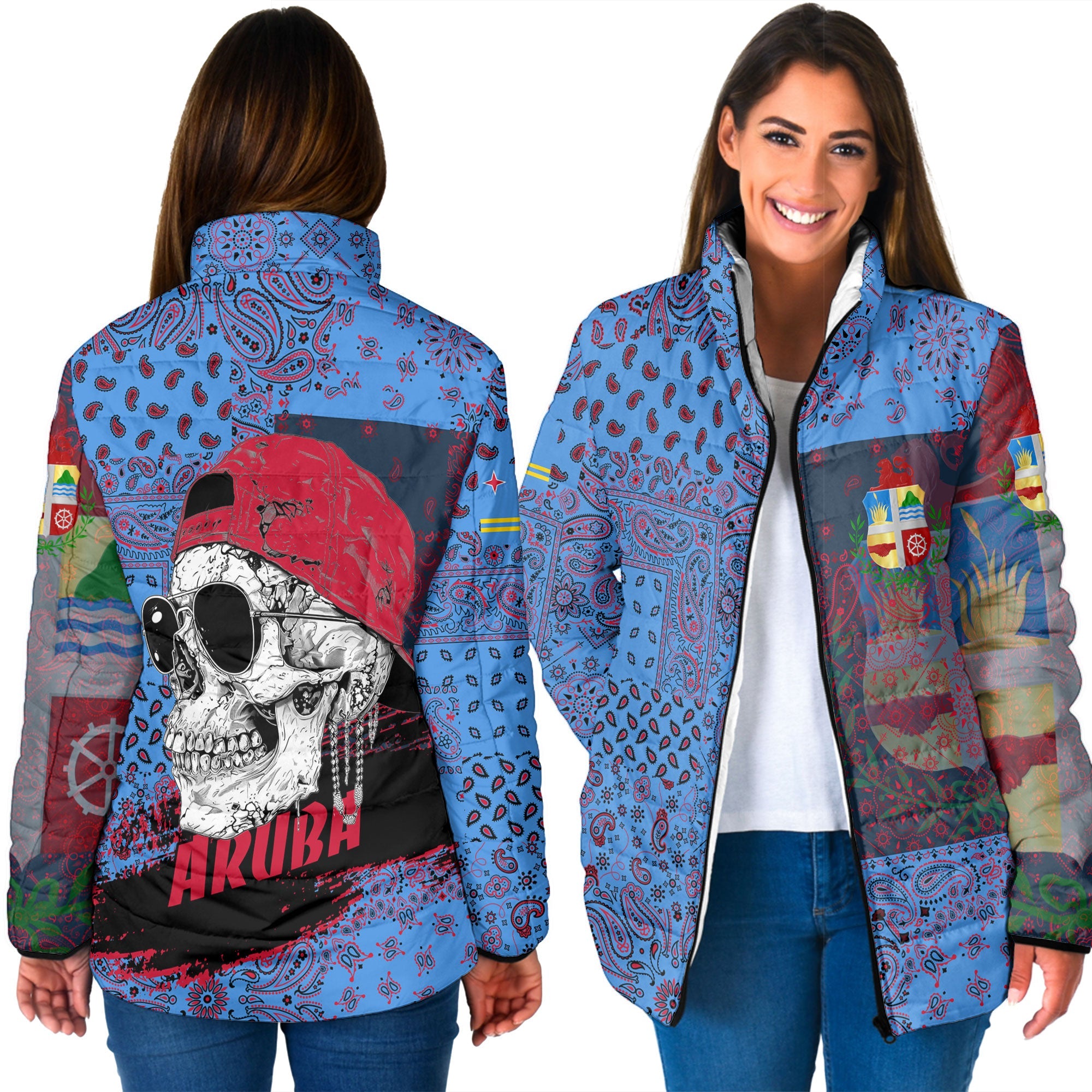 Aruba Women Padded Jacket Paisley Flag And Skull Style 3