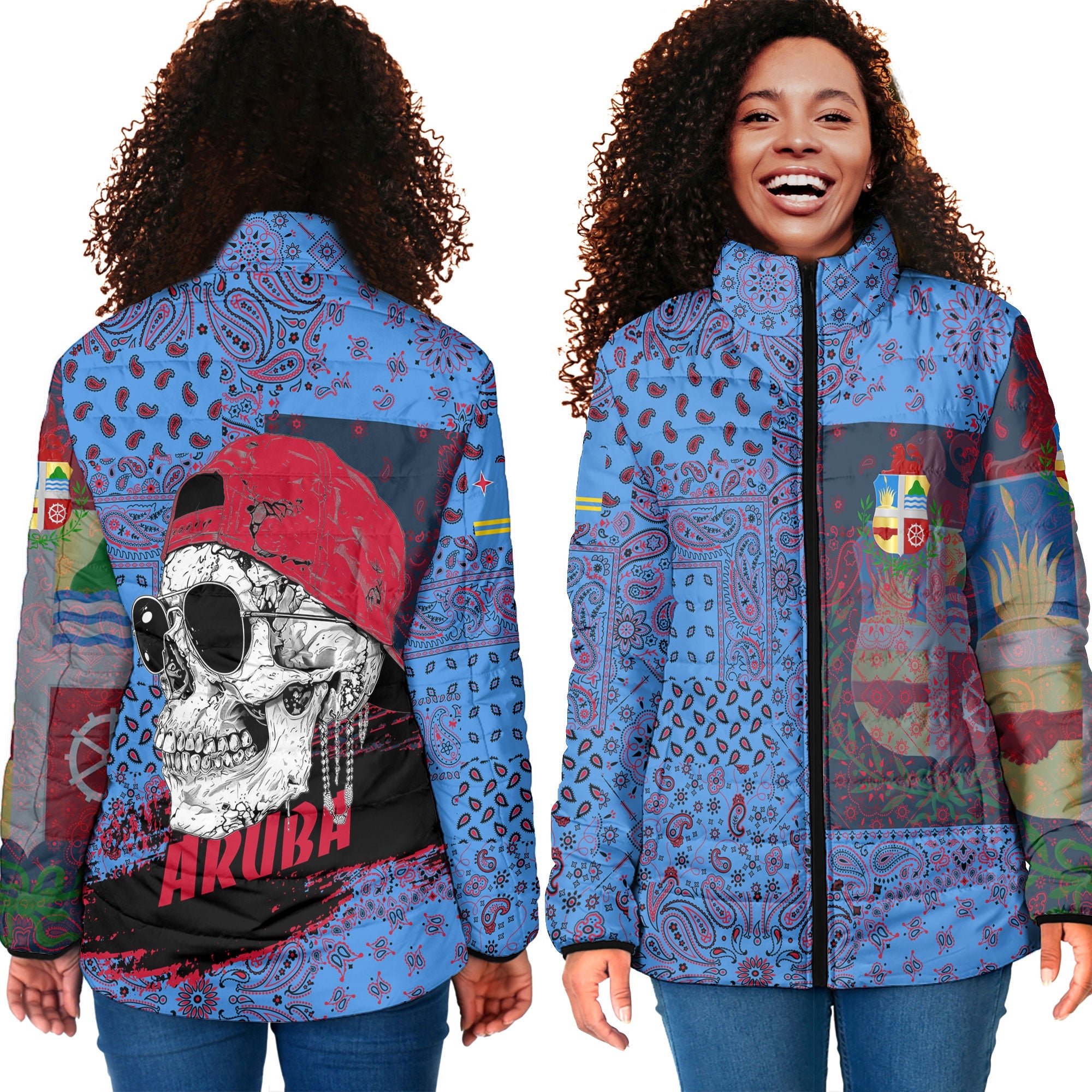 Aruba Women Padded Jacket Paisley Flag And Skull Style 4