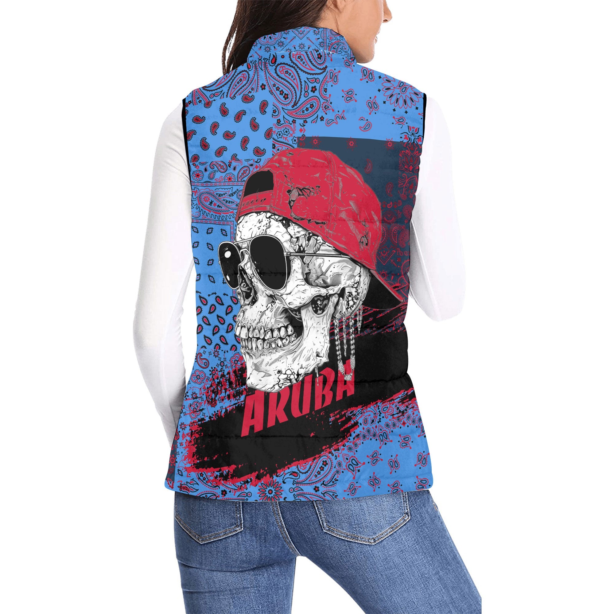 Aruba Women Padded Jacket Vest Paisley Flag And Skull Style 2