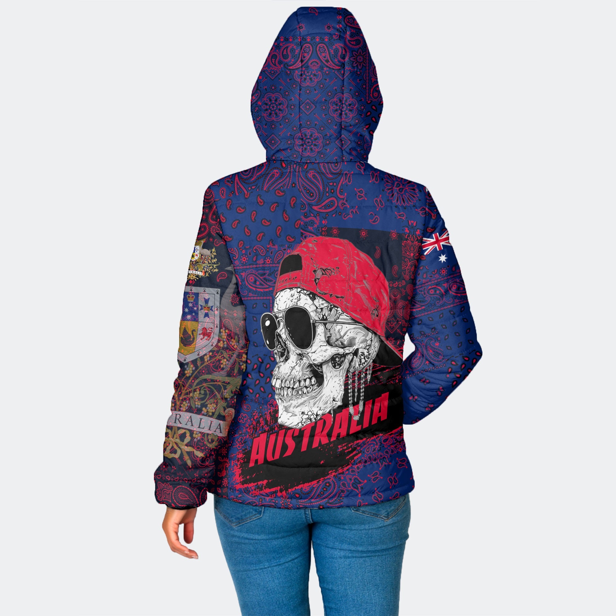 Australia Women Hooded Padded Jacket Paisley Flag And Skull Style 2