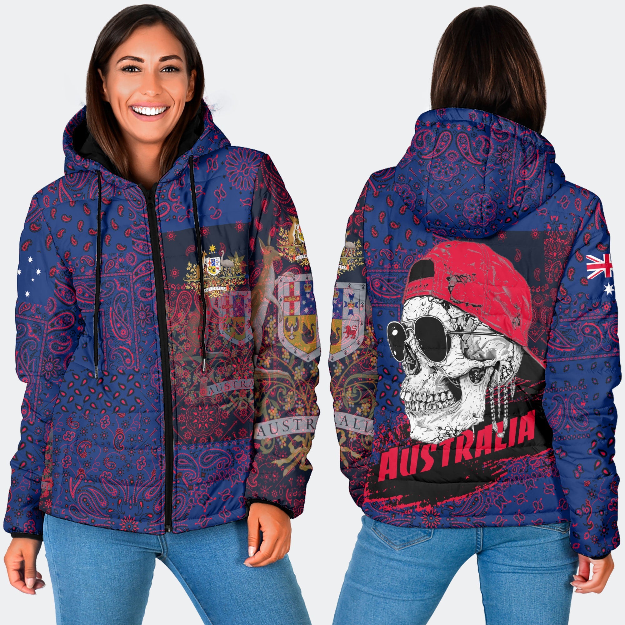 Australia Women Hooded Padded Jacket Paisley Flag And Skull Style 3