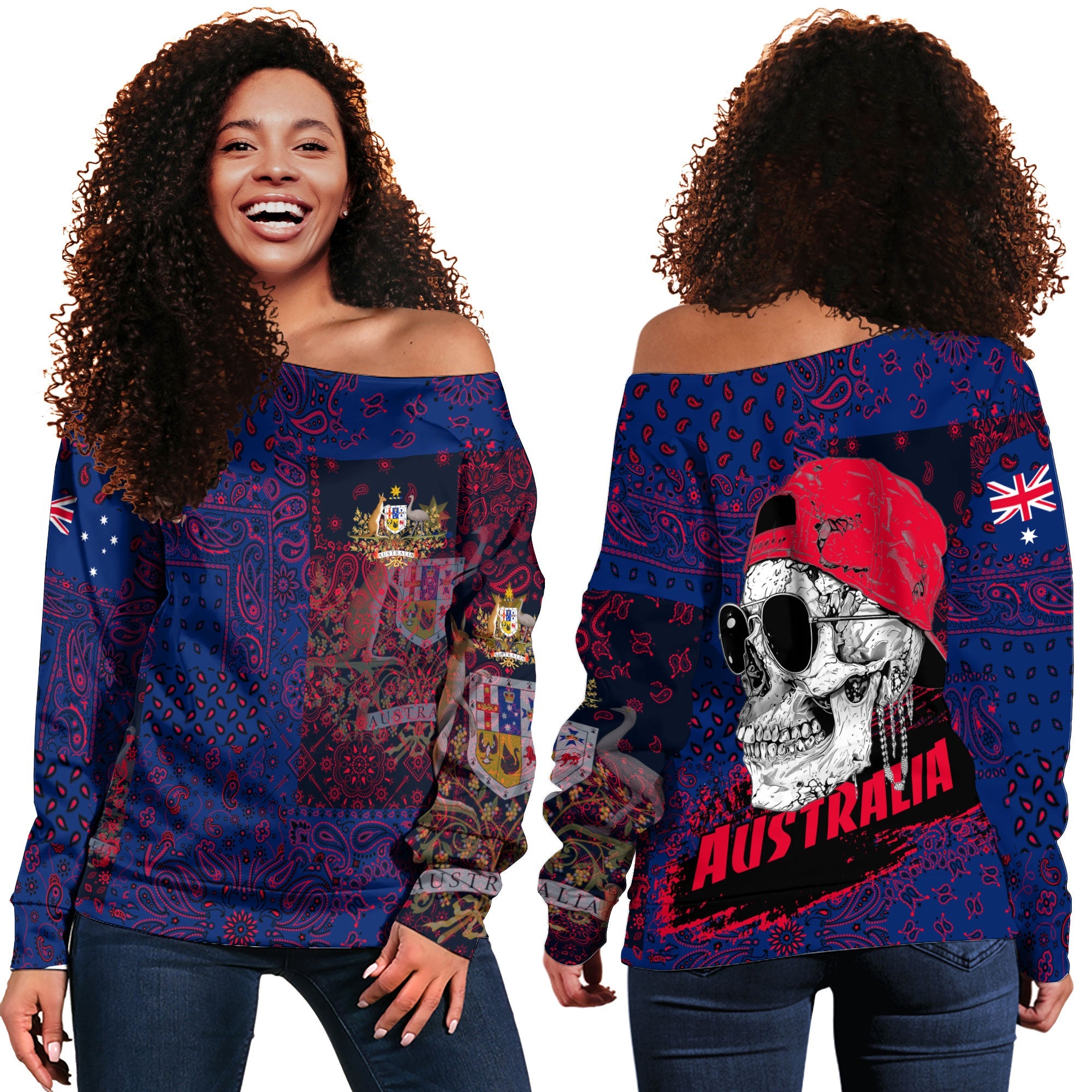 Australia Women Off Shoulder Sweatshirt Paisley Flag And Skull Style 1