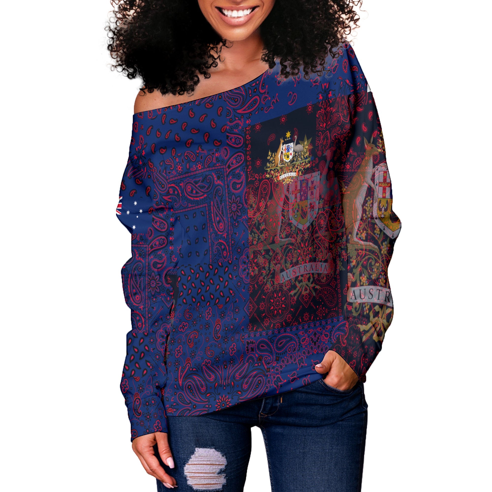 Australia Women Off Shoulder Sweatshirt Paisley Flag And Skull Style 2