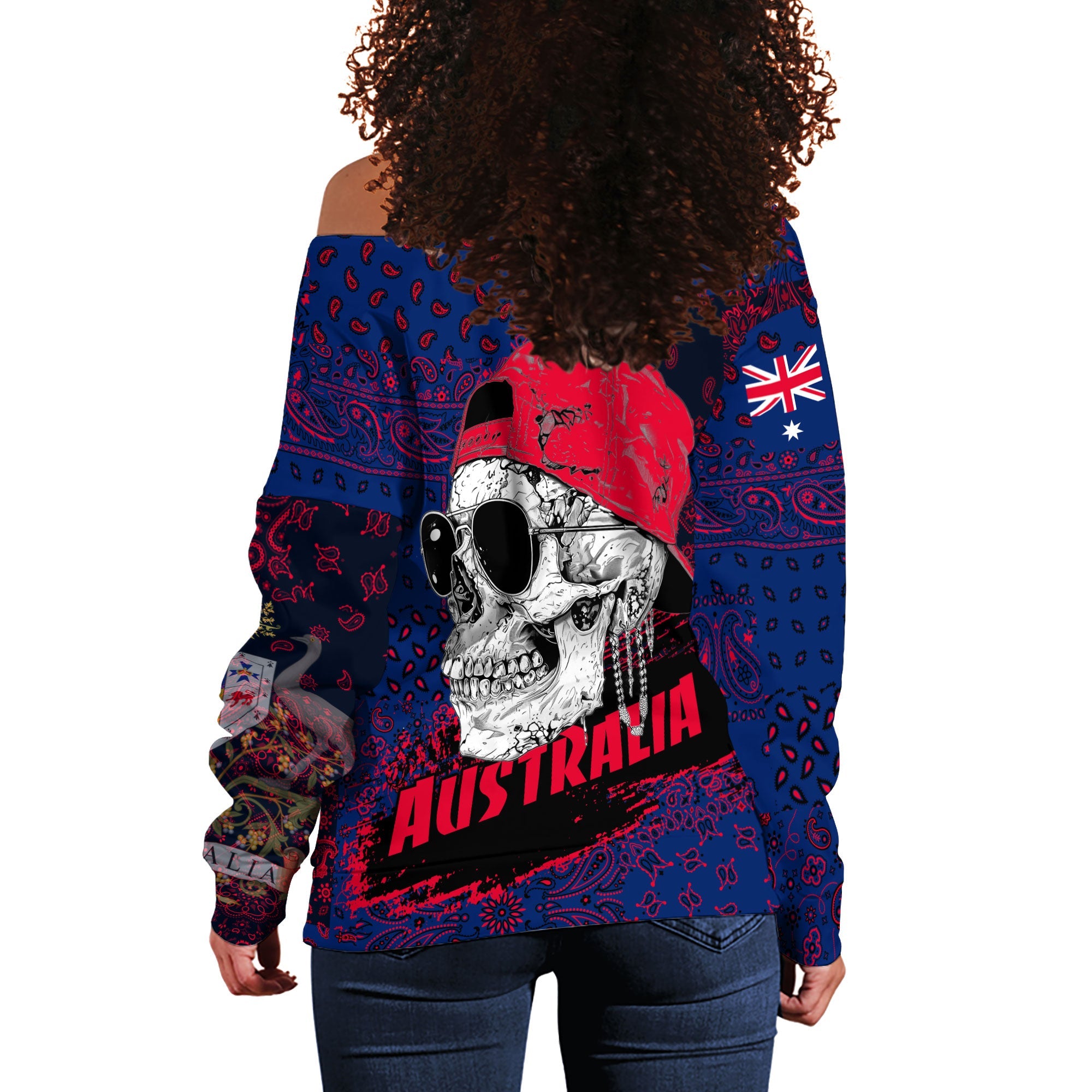 Australia Women Off Shoulder Sweatshirt Paisley Flag And Skull Style 3