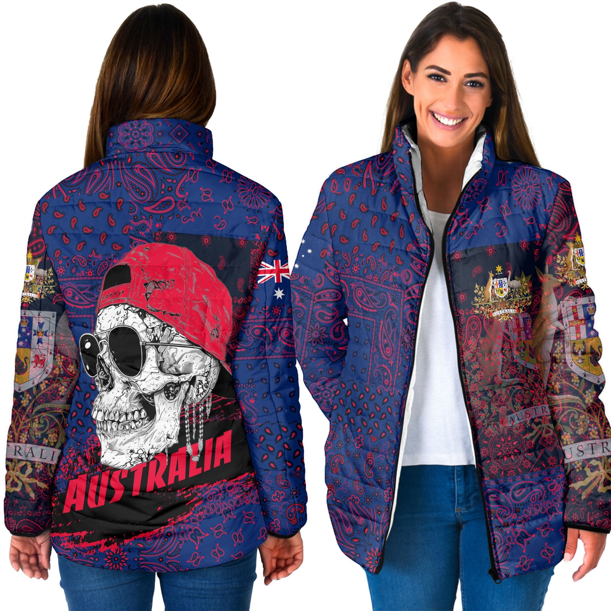 Australia Women Padded Jacket Paisley Flag And Skull Style 3