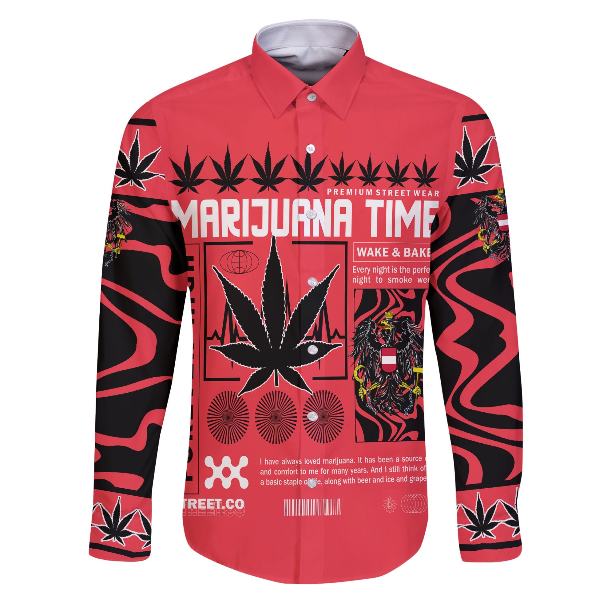 Austria Long Sleeve Button Shirt Flag & Coat Of Arms Marijuanas Style