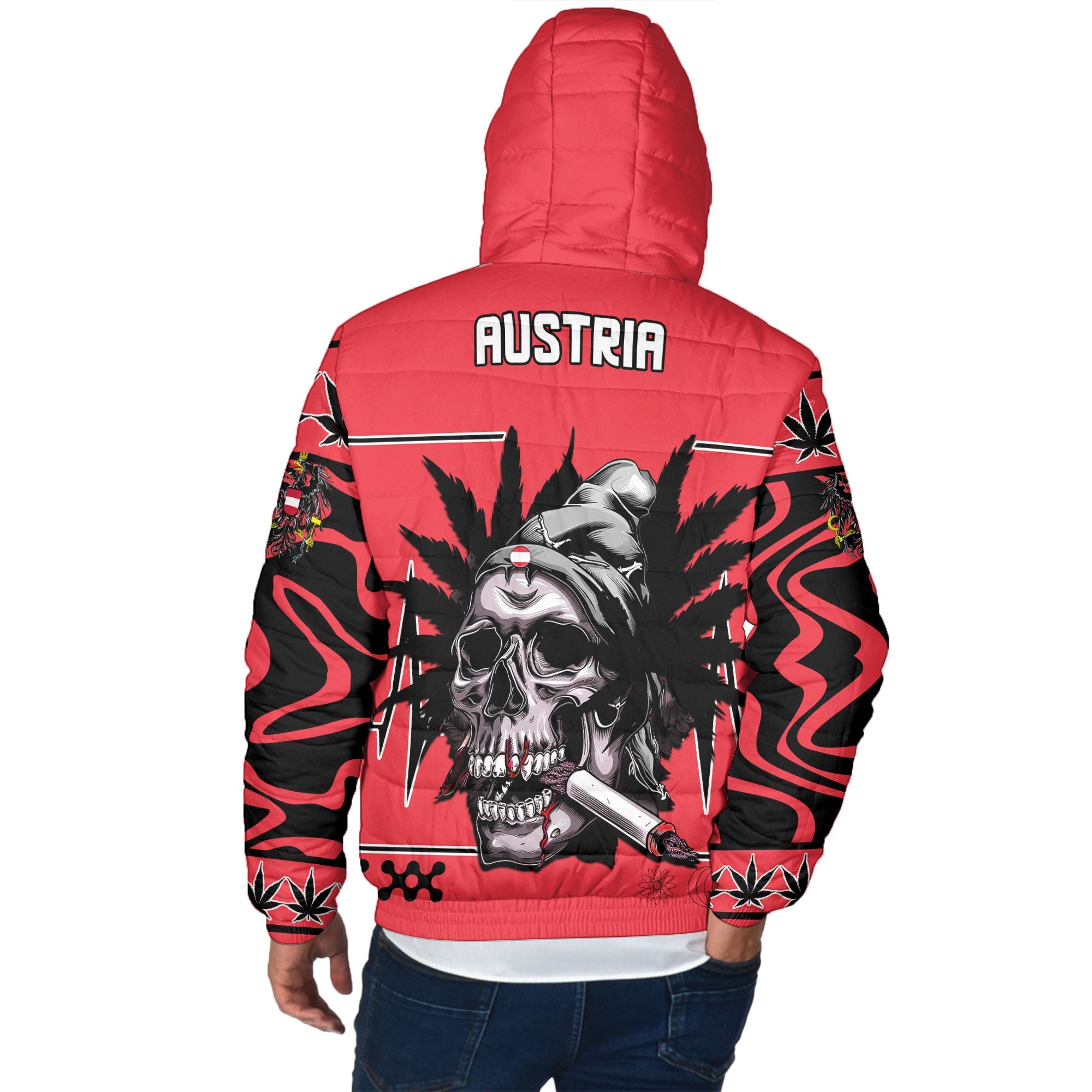 Austria Men Hooded Padded Jacket Flag & Coat Of Arms Marijuanas Style