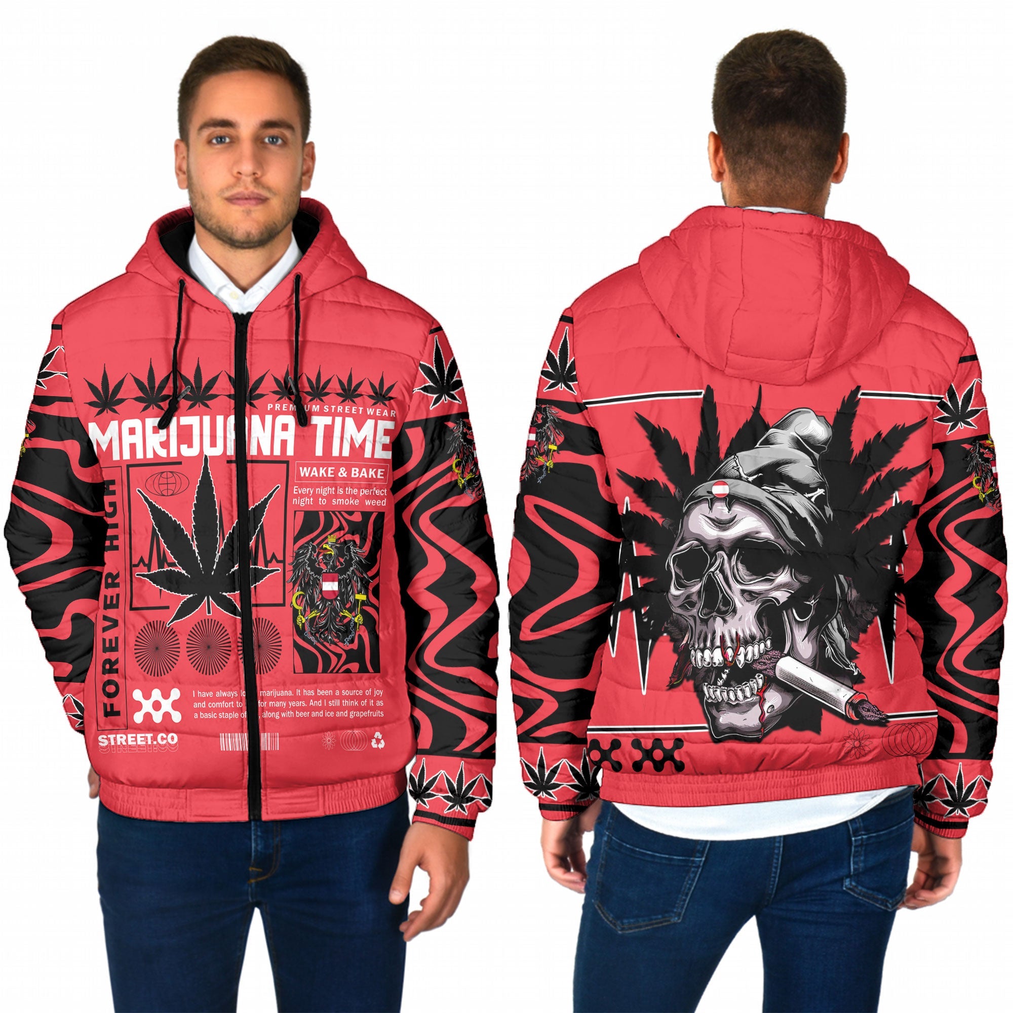 Austria Men Hooded Padded Jacket Flag & Coat Of Arms Marijuanas Style