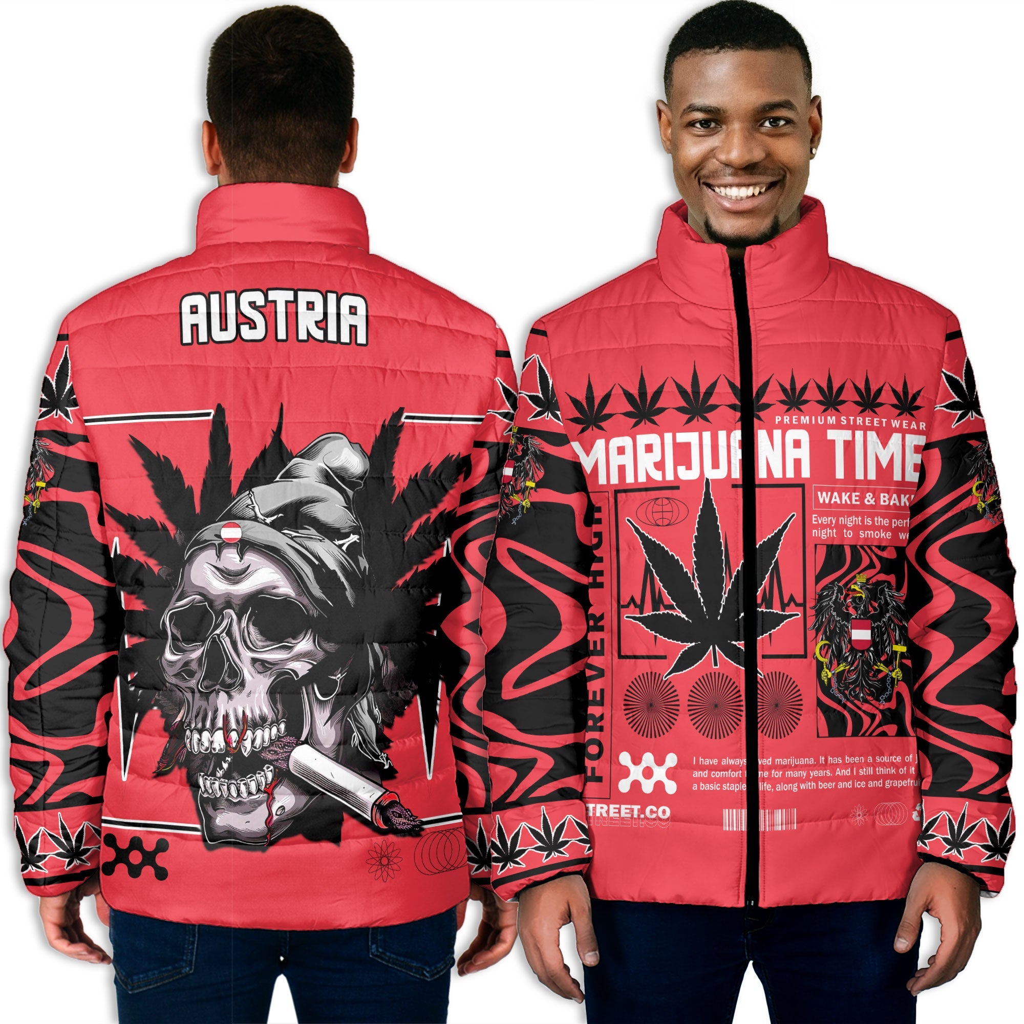 Austria Men Padded Jacket Flag & Coat Of Arms Marijuanas Style