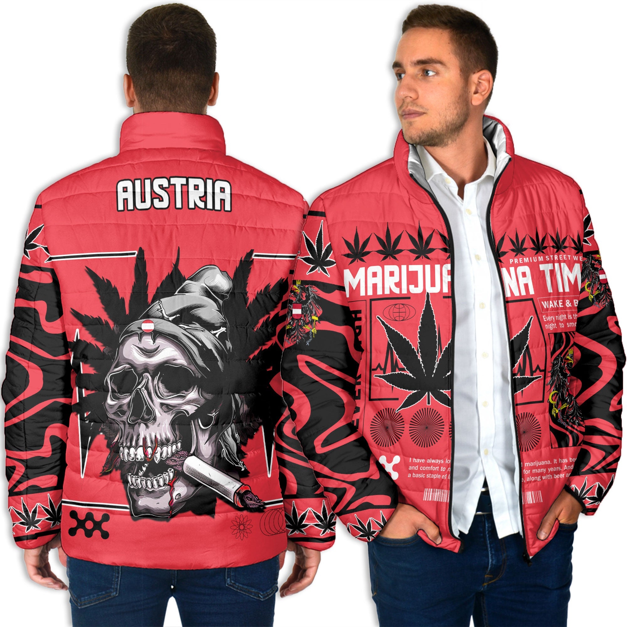 Austria Men Padded Jacket Flag & Coat Of Arms Marijuanas Style