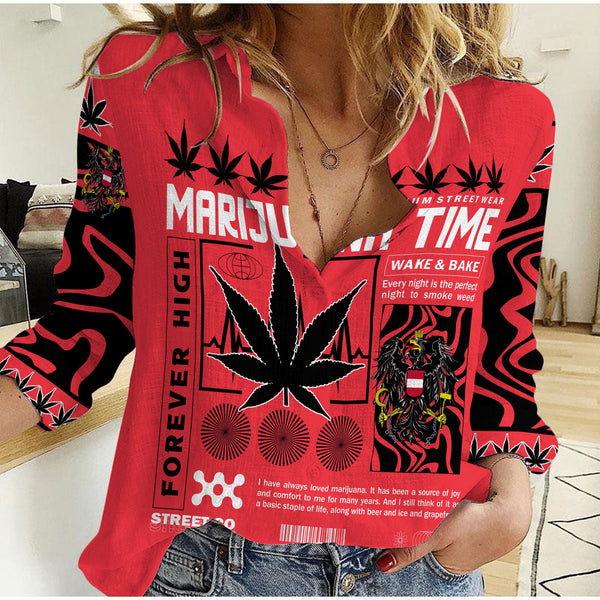 Austria Women Casual Shirt Flag & Coat Of Arms Marijuanas Style