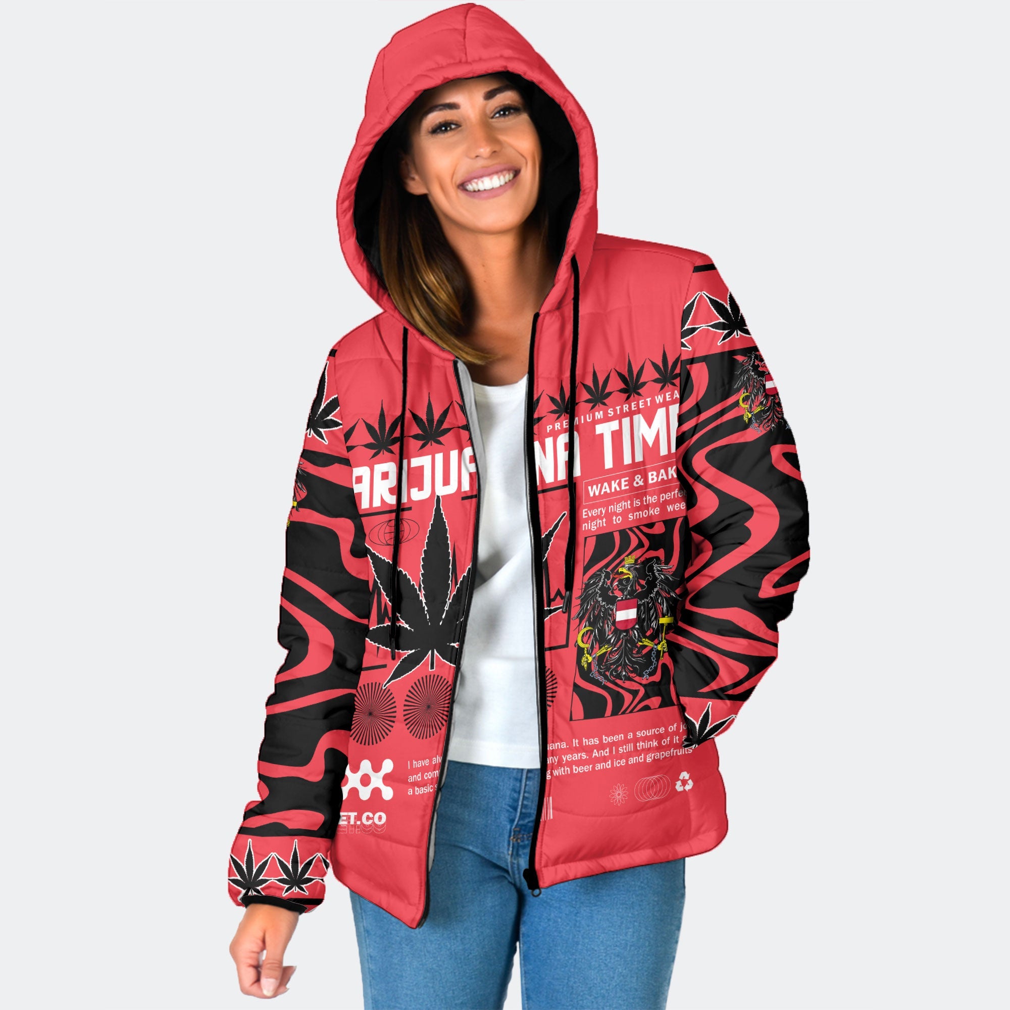 Austria Women Hooded Padded Jacket Flag & Coat Of Arms Marijuanas Style