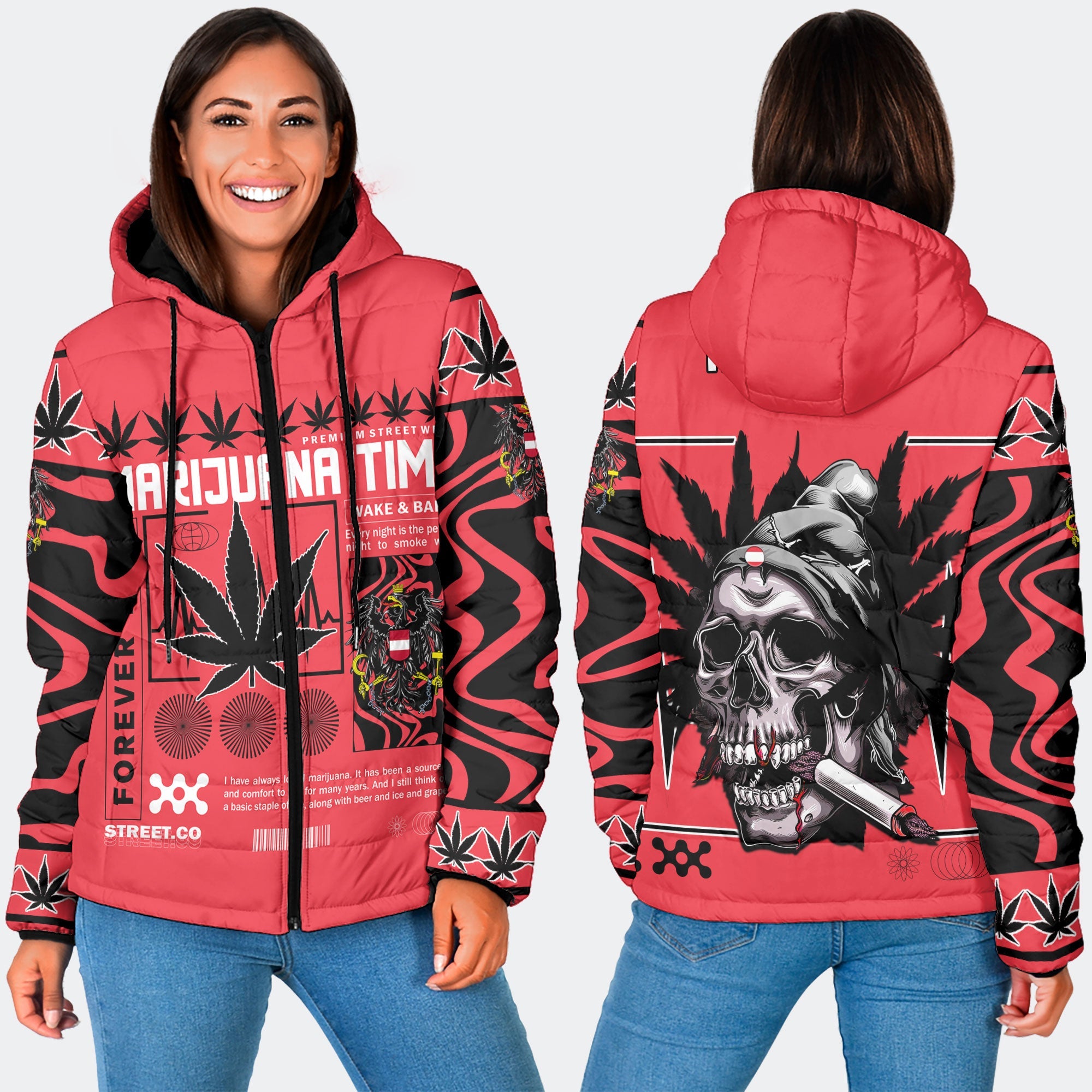 Austria Women Hooded Padded Jacket Flag & Coat Of Arms Marijuanas Style