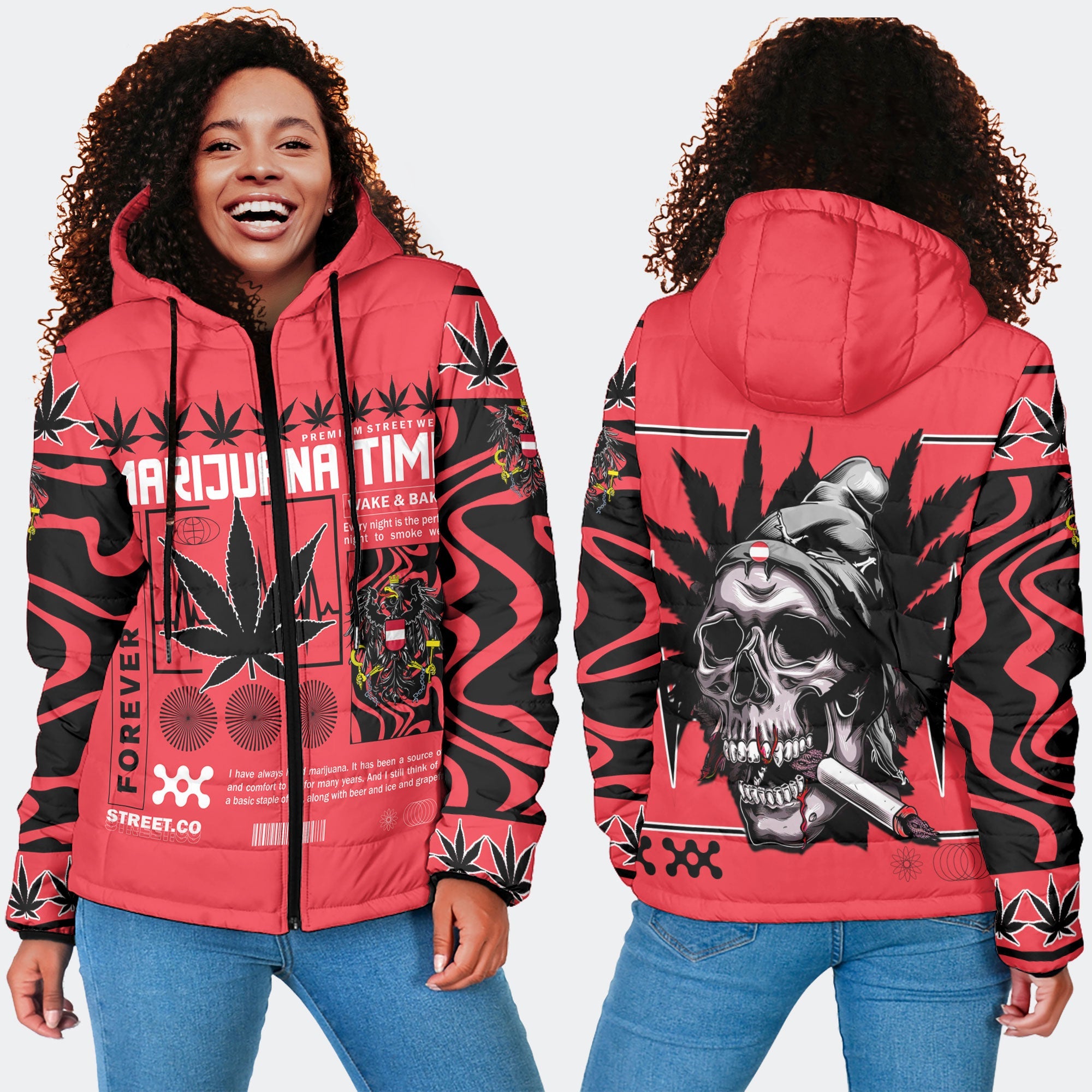 Austria Women Hooded Padded Jacket Flag & Coat Of Arms Marijuanas Style