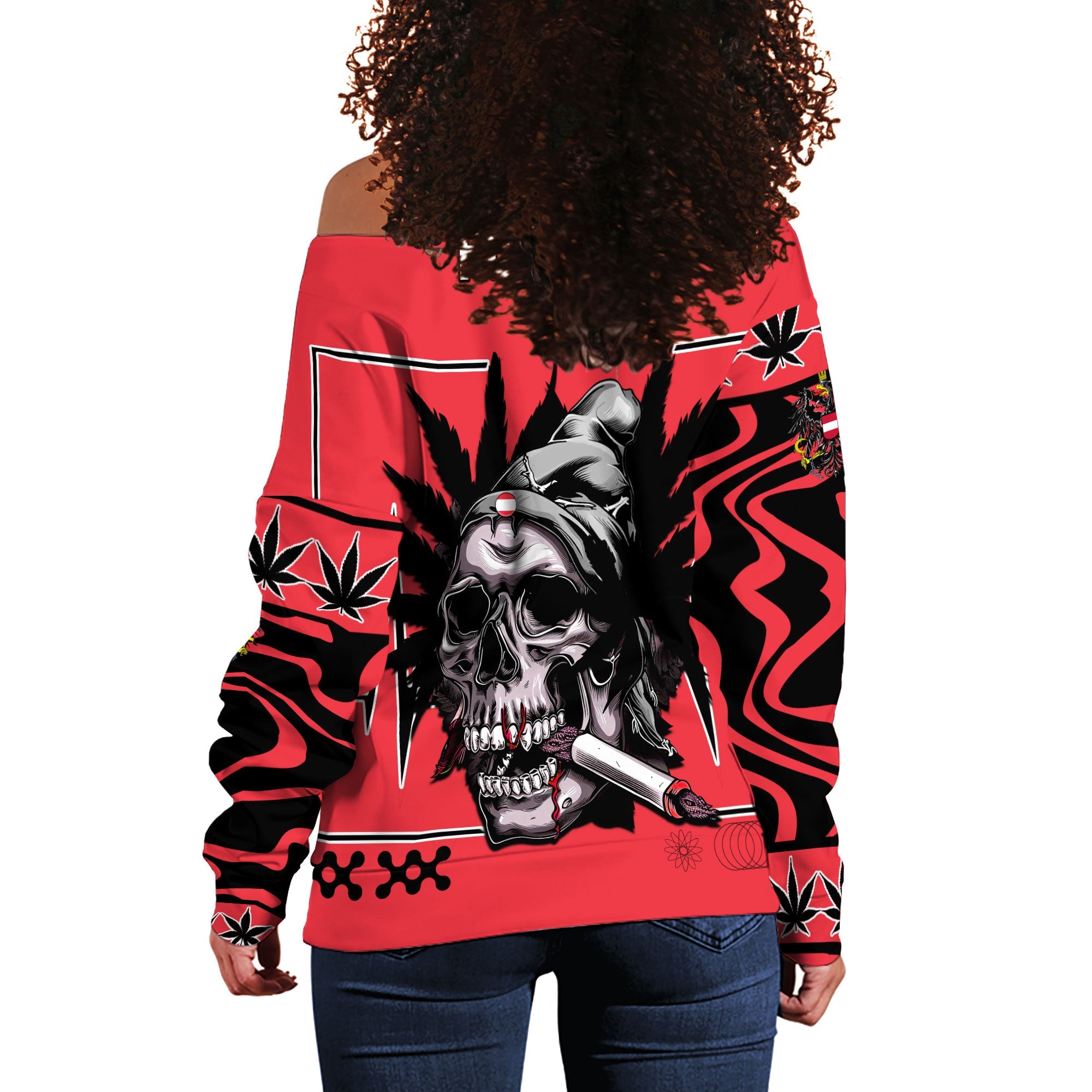 Austria Women Off Shoulder Sweatshirt Flag & Coat Of Arms Marijuanas Style