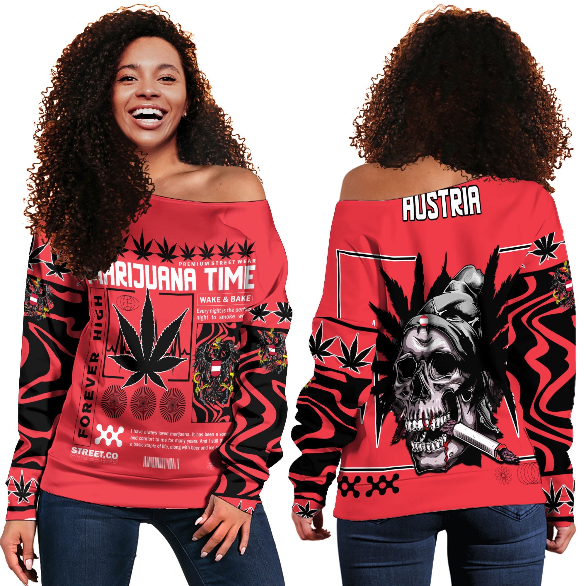 Austria Women Off Shoulder Sweatshirt Flag & Coat Of Arms Marijuanas Style