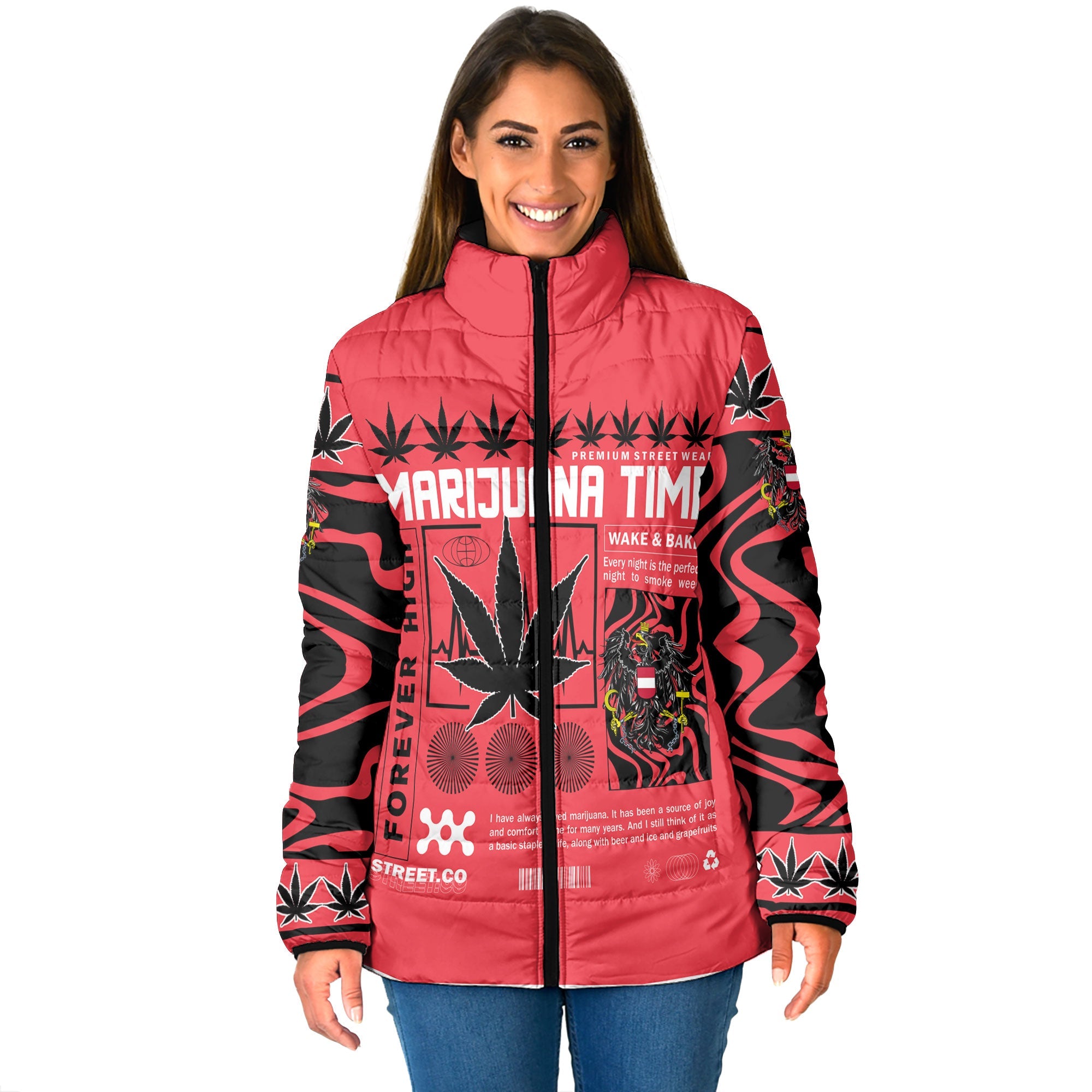 Austria Women Padded Jacket Flag & Coat Of Arms Marijuanas Style