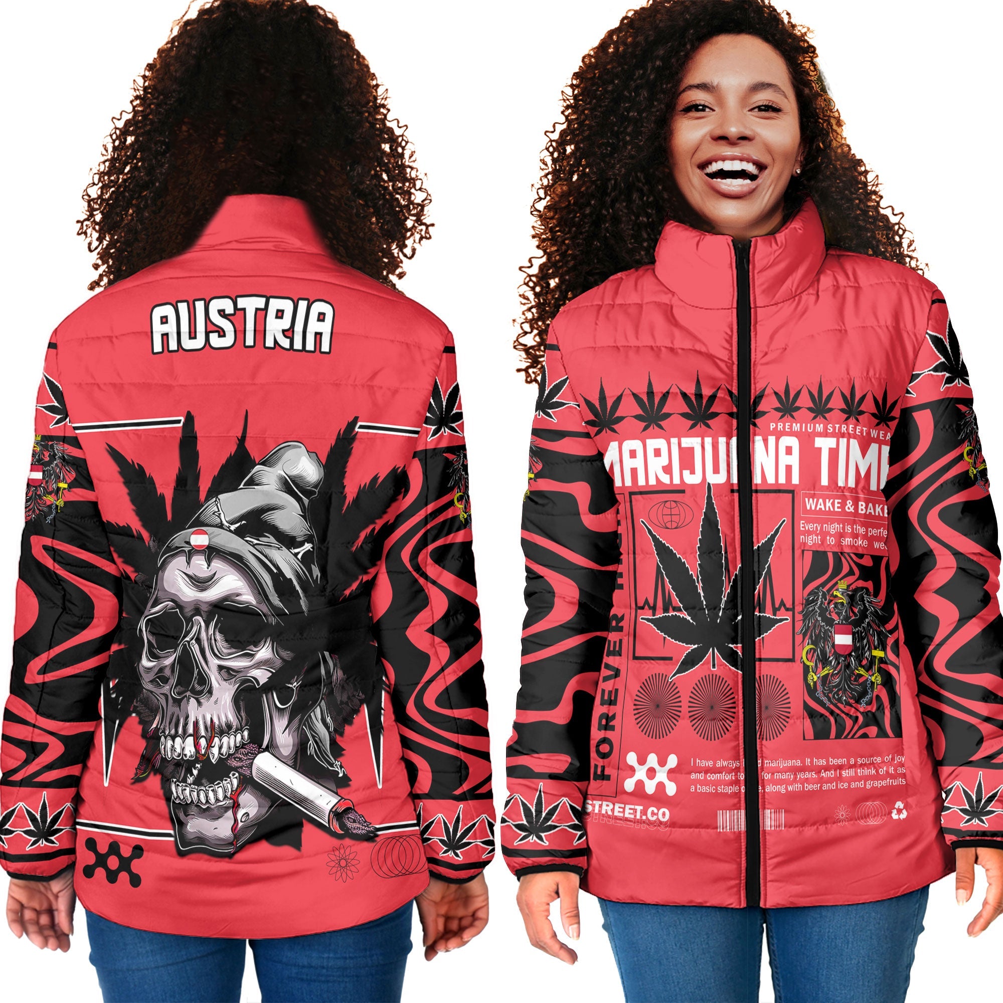 Austria Women Padded Jacket Flag & Coat Of Arms Marijuanas Style