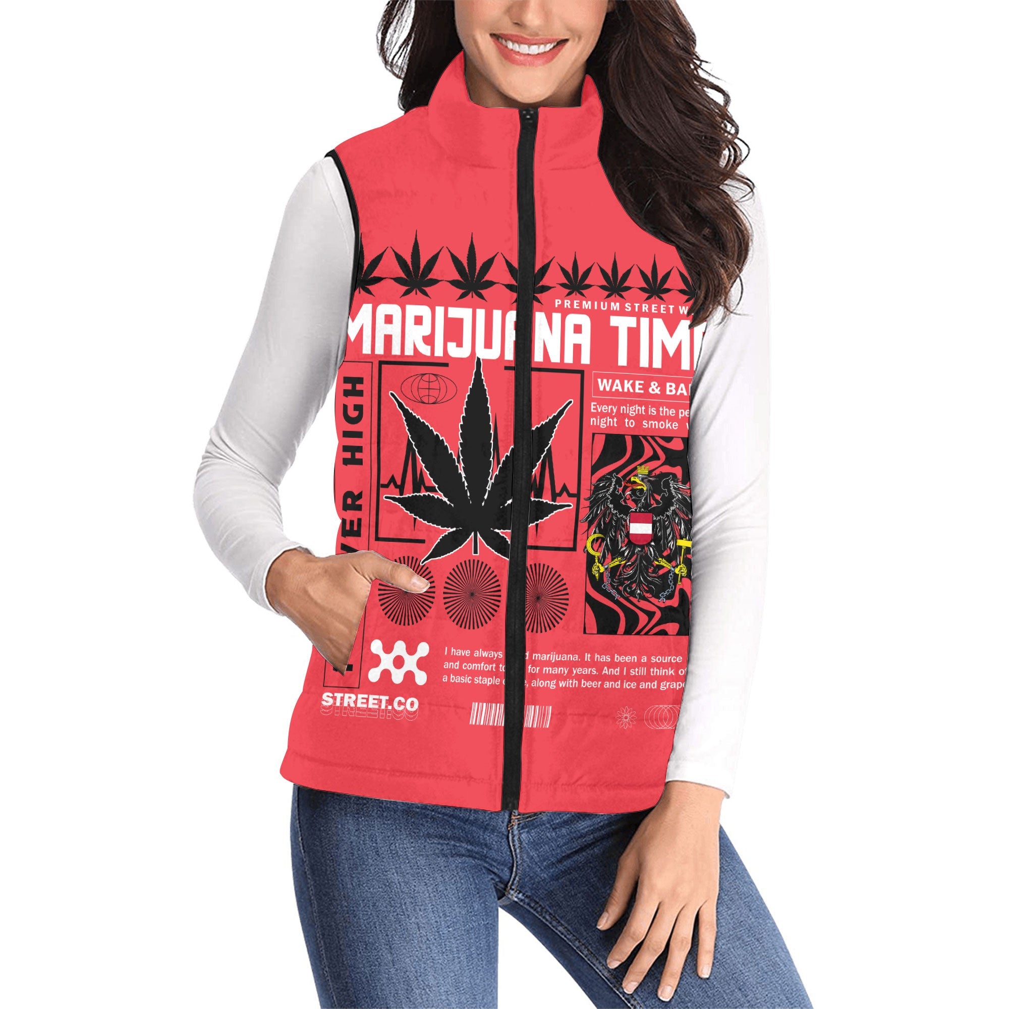 Austria Women Padded Jacket Vest Flag & Coat Of Arms Marijuanas Style