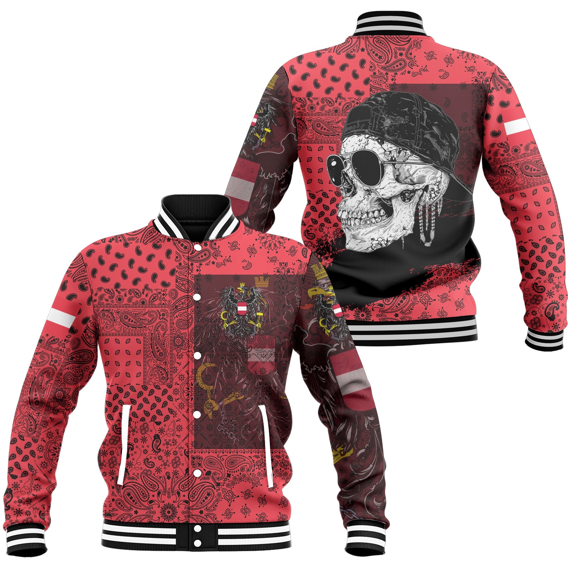 Austria Baseball Jacket Paisley Flag And Skull Style 1