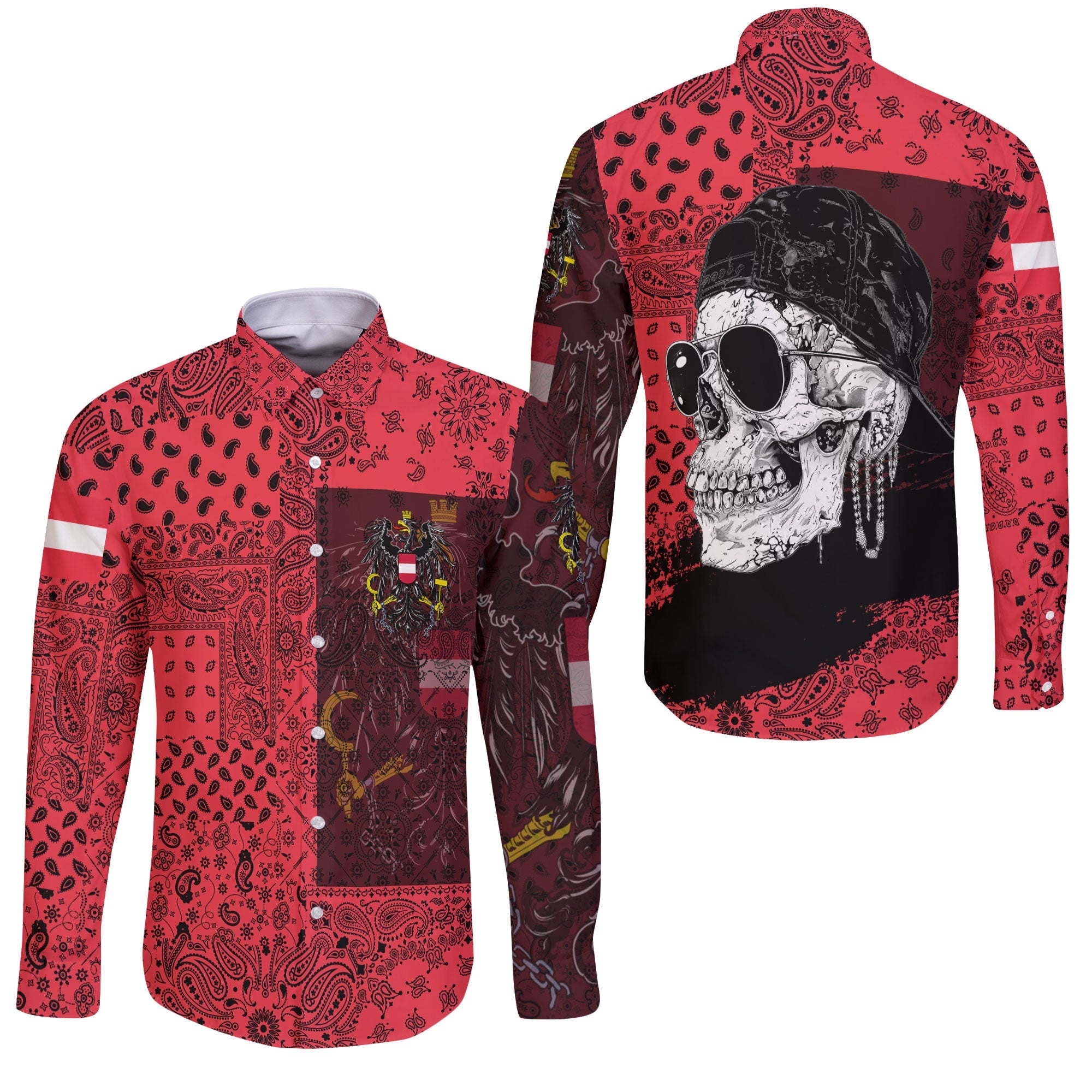 Austria Long Sleeve Button Shirt Paisley Flag And Skull Style 3