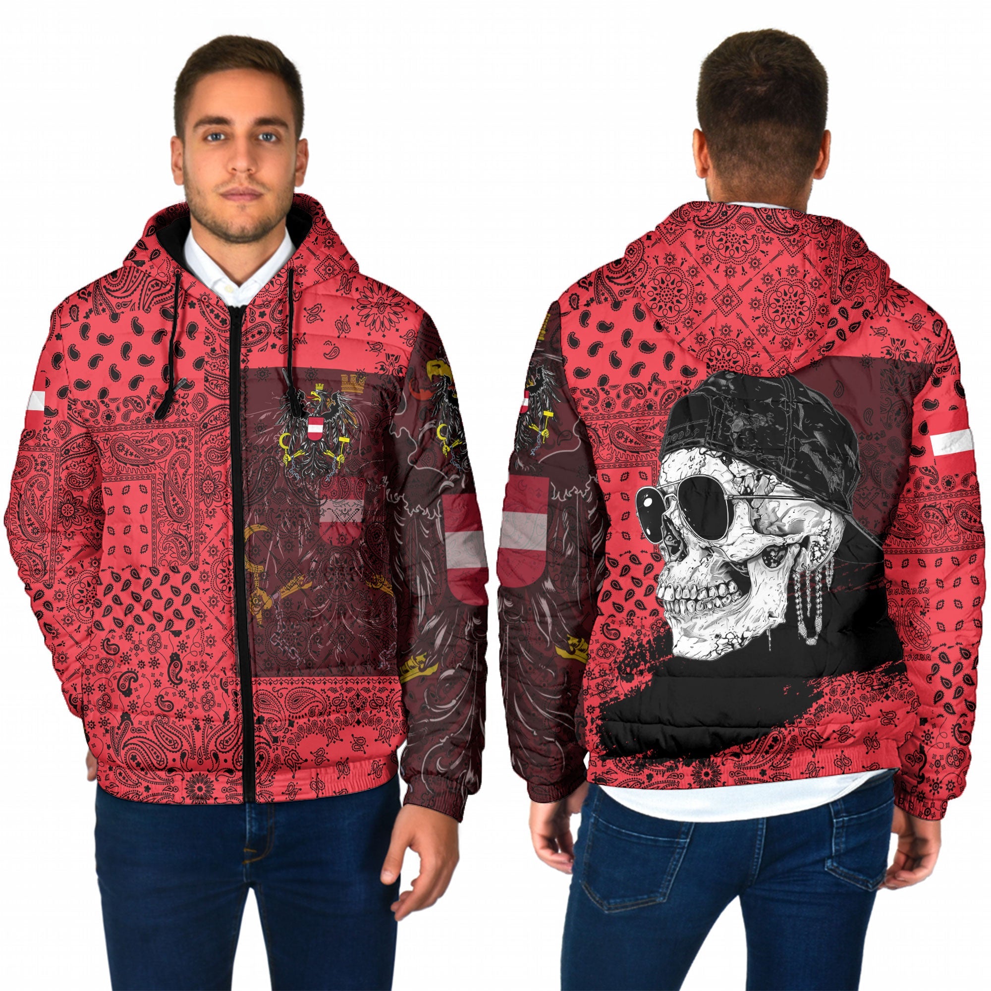 Austria Men Hooded Padded Jacket Paisley Flag And Skull Style 1