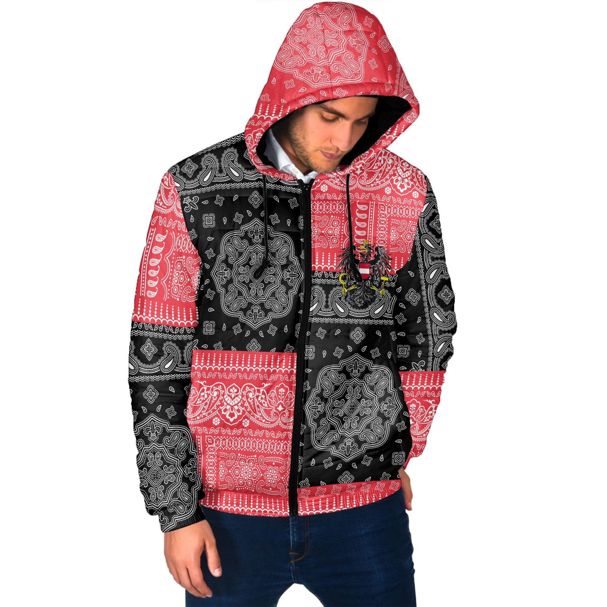 Austria Men Hooded Padded Jacket Flag And Paisley Basic Style 2