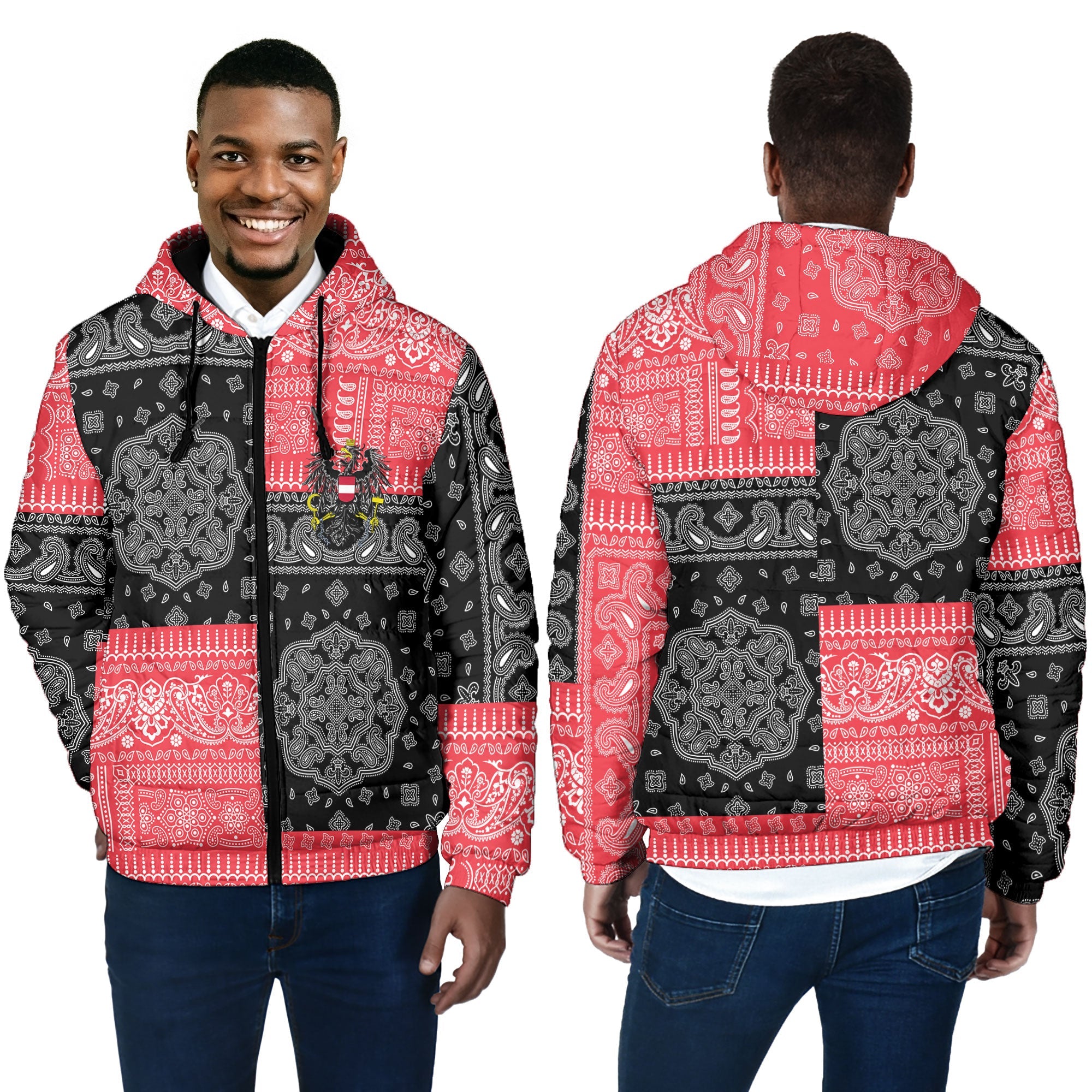 Austria Men Hooded Padded Jacket Flag And Paisley Basic Style 4