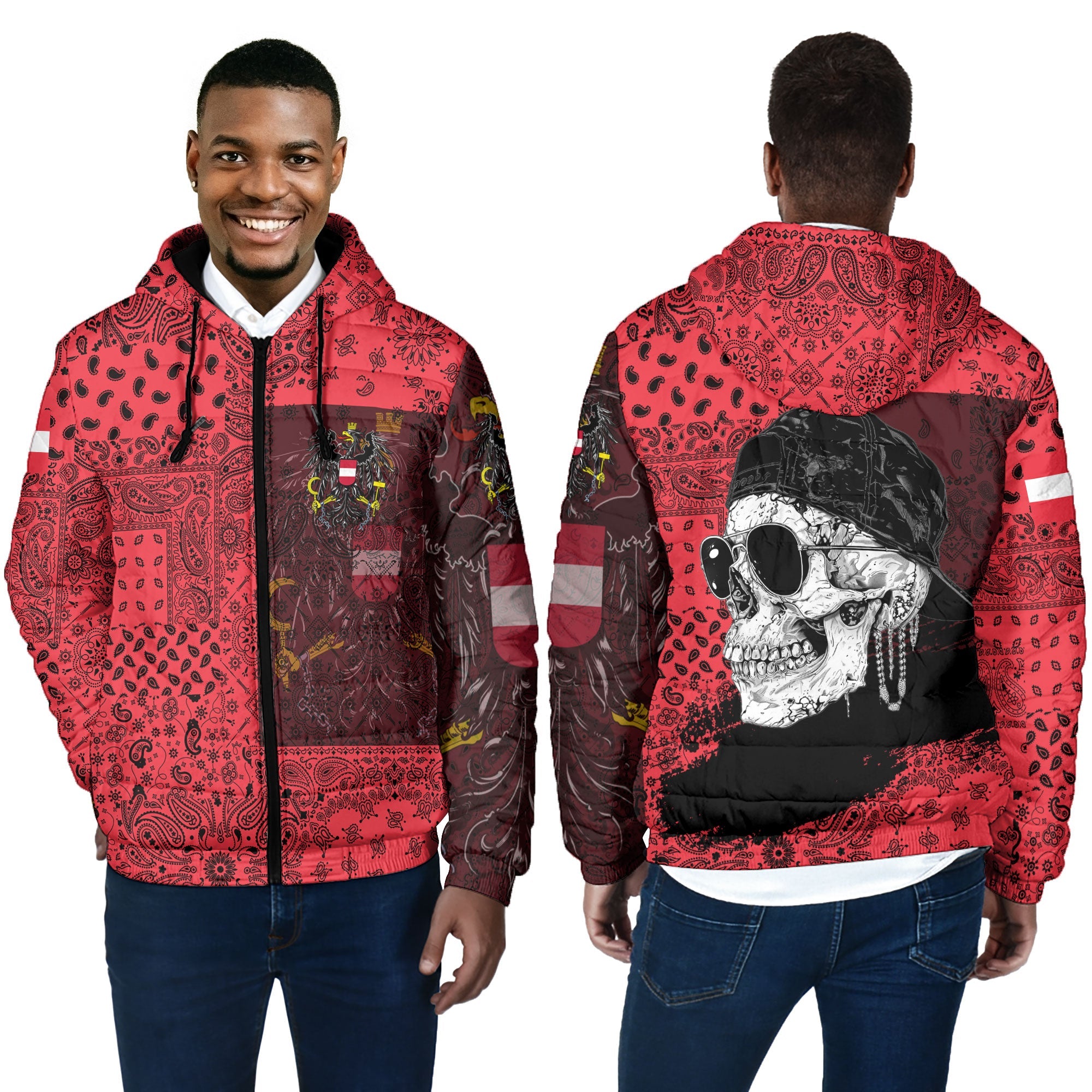 Austria Men Hooded Padded Jacket Paisley Flag And Skull Style 4