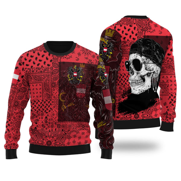 Austria Ugly Sweater Paisley Flag And Skull Style 1