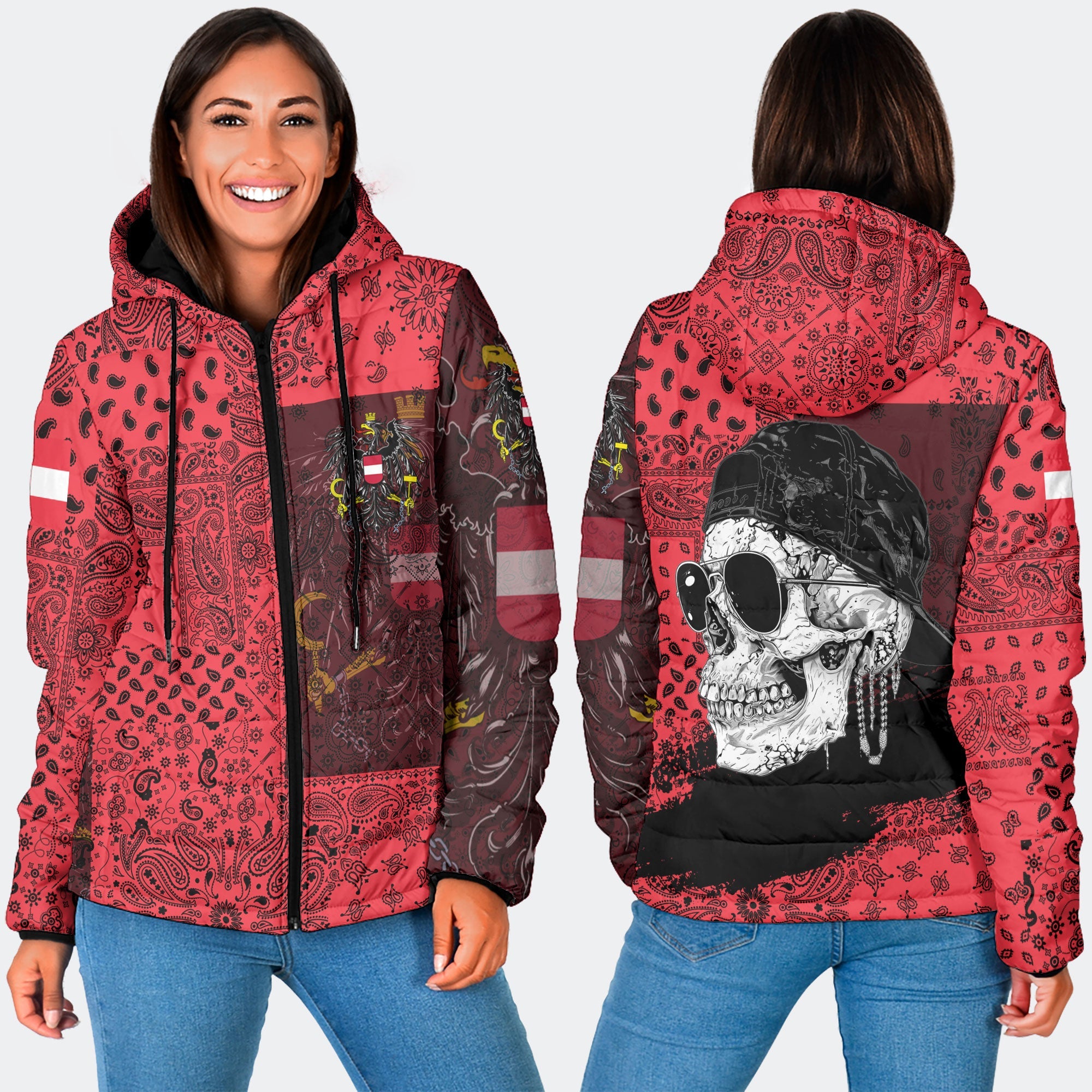 Austria Women Hooded Padded Jacket Paisley Flag And Skull Style 3