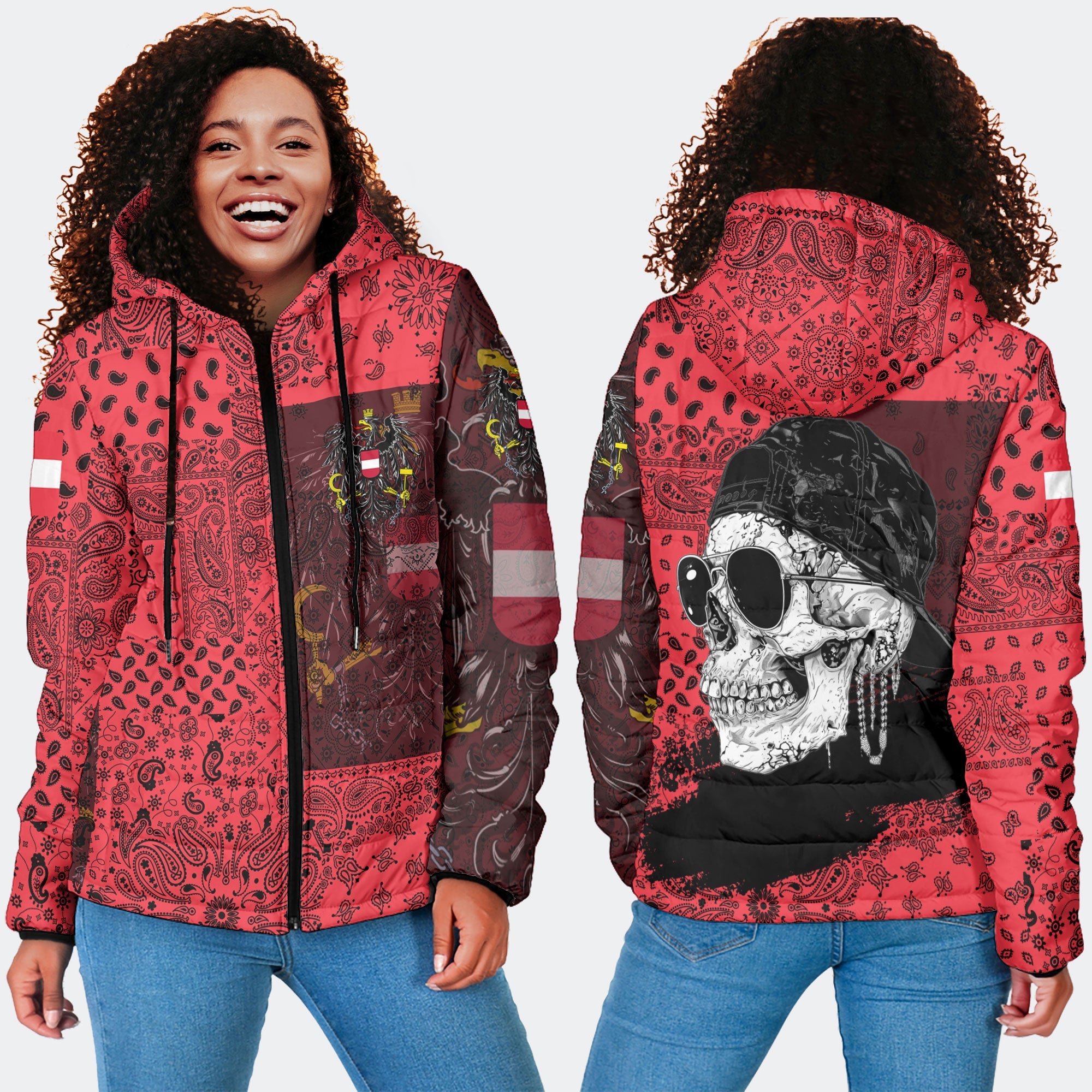 Austria Women Hooded Padded Jacket Paisley Flag And Skull Style 4