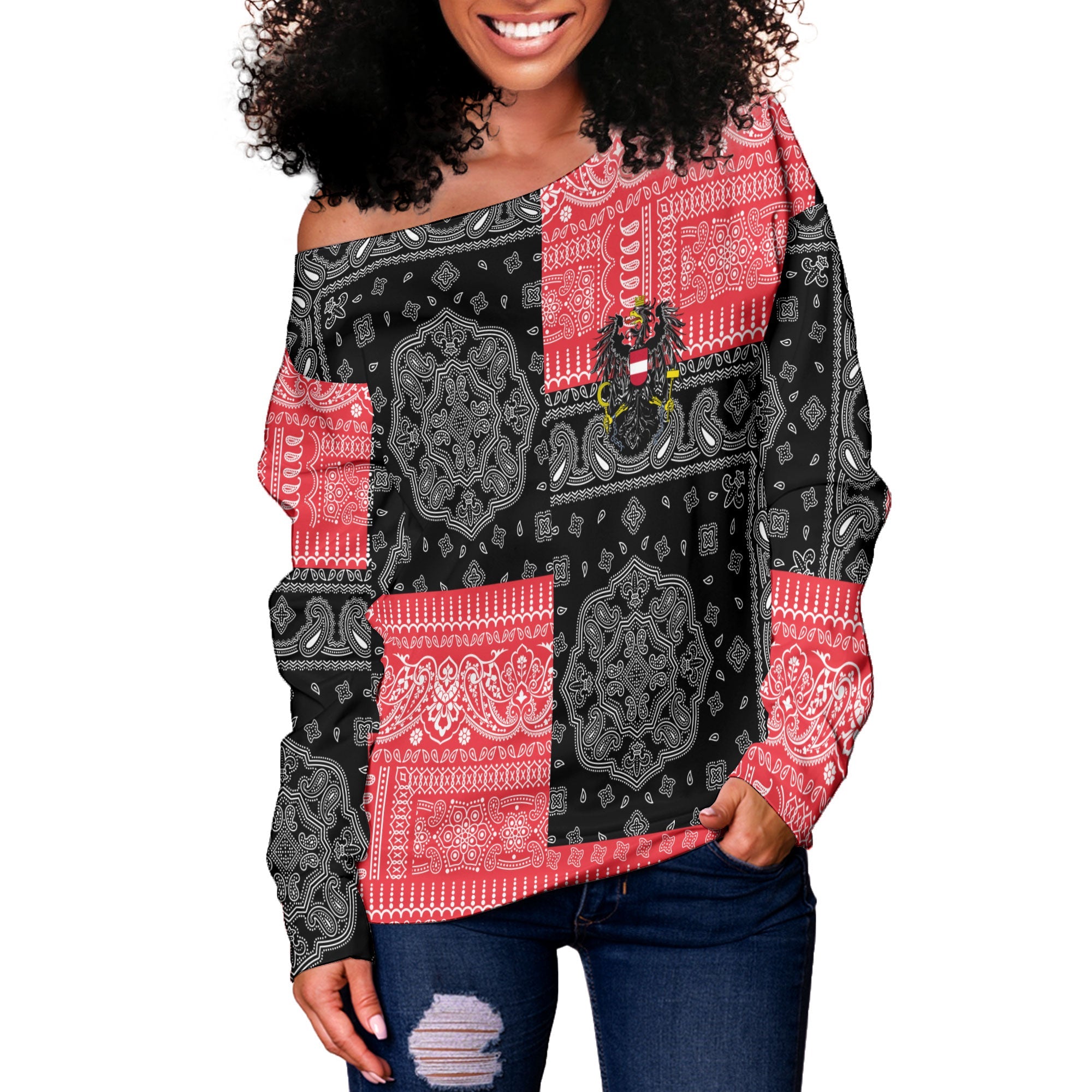 Austria Women Off Shoulder Sweatshirt Flag And Paisley Basic Style 2