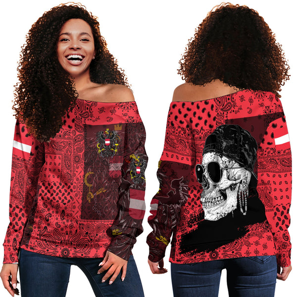 Austria Women Off Shoulder Sweatshirt Paisley Flag And Skull Style 1