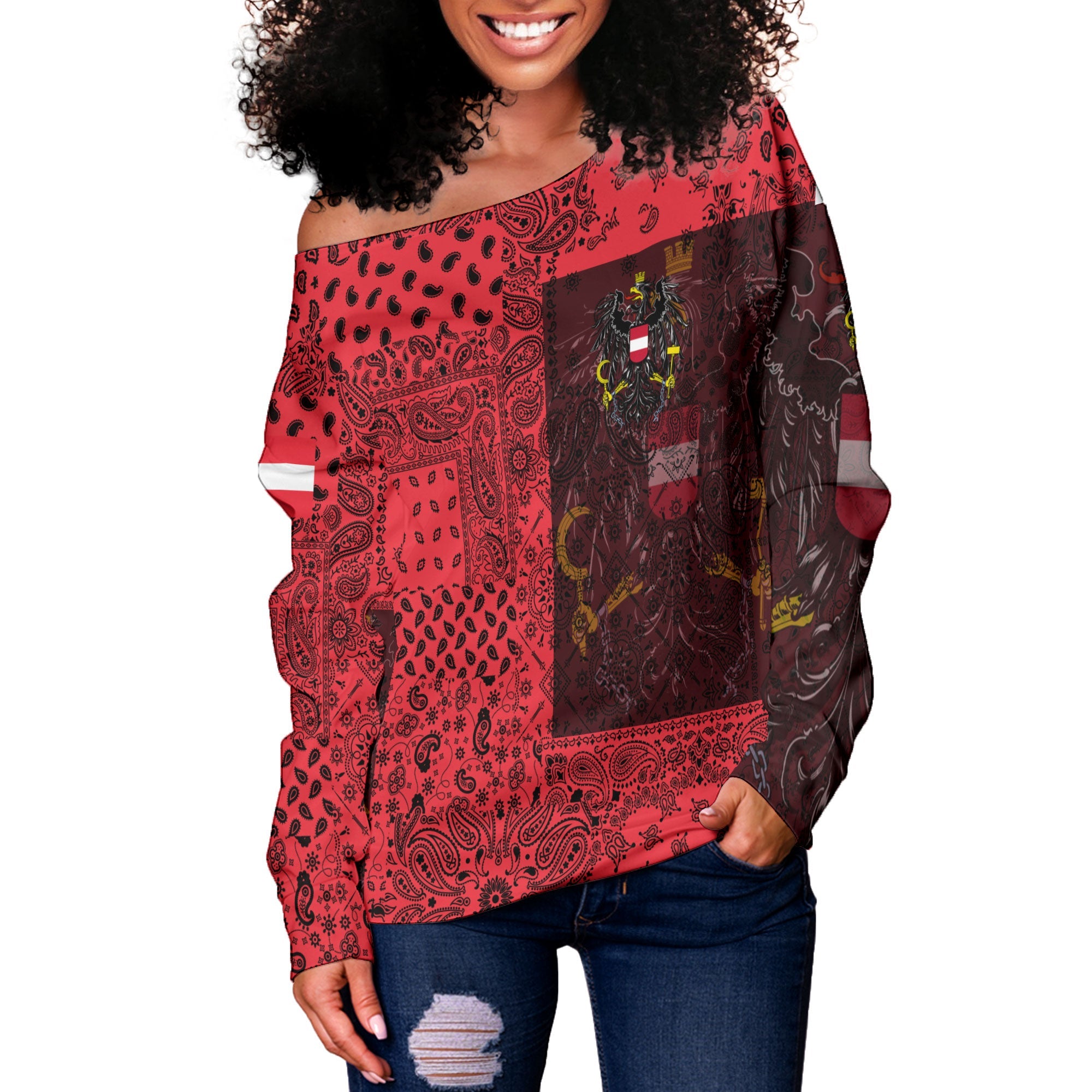 Austria Women Off Shoulder Sweatshirt Paisley Flag And Skull Style 2