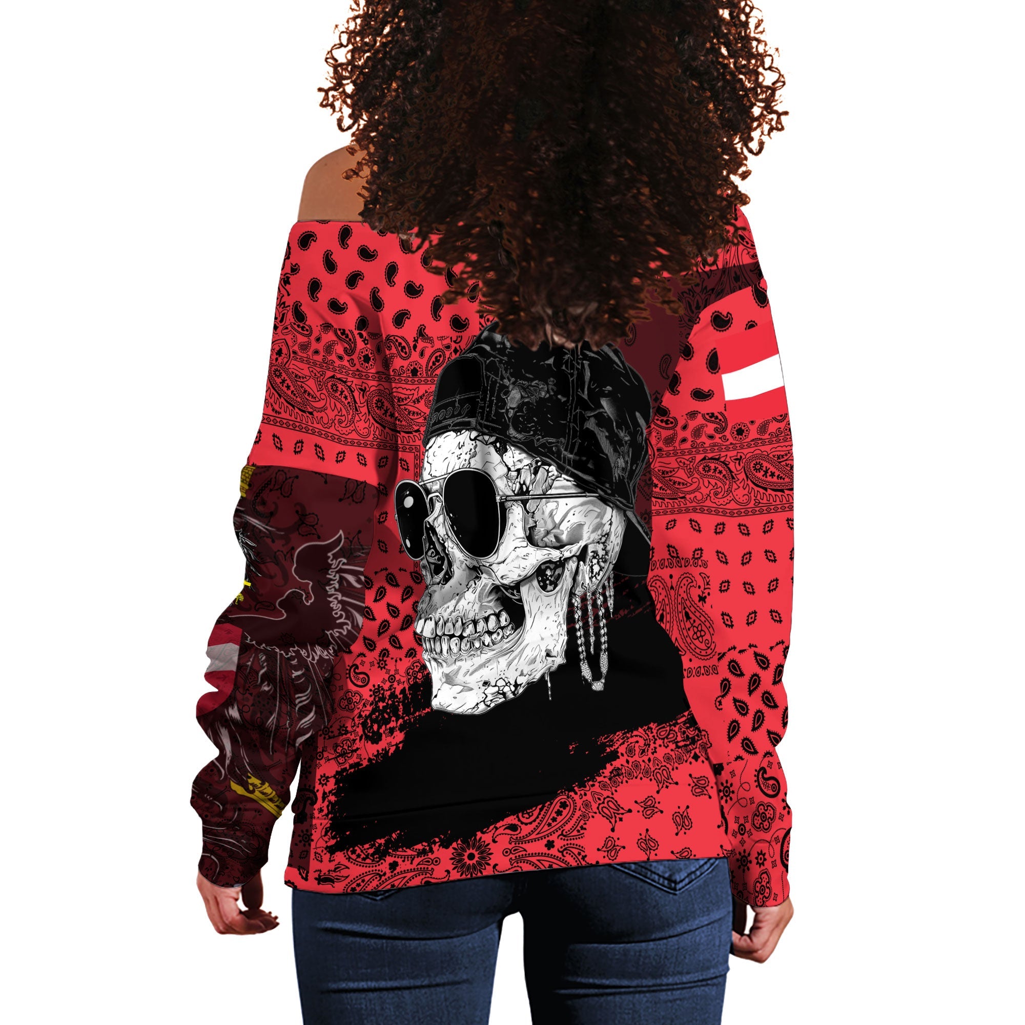 Austria Women Off Shoulder Sweatshirt Paisley Flag And Skull Style 3