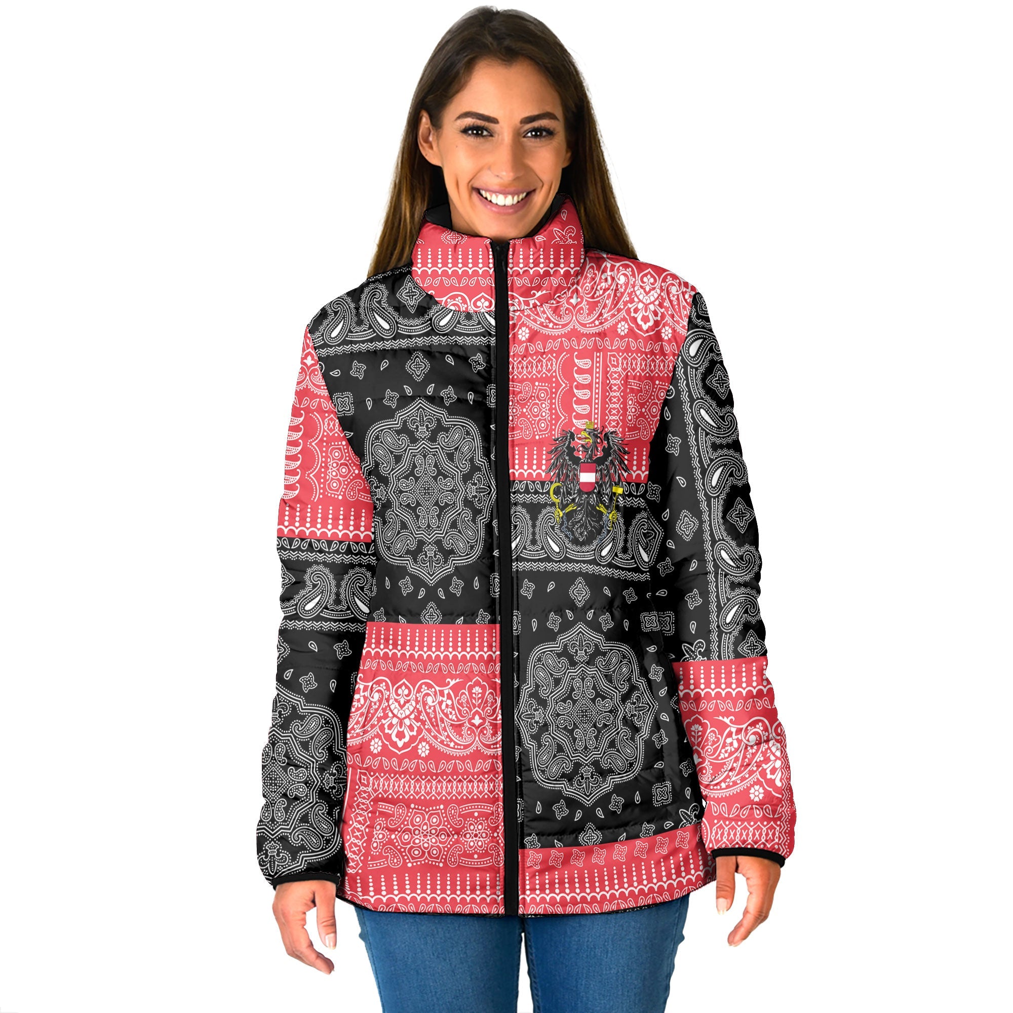 Austria Women Padded Jacket Flag And Paisley Basic Style 1