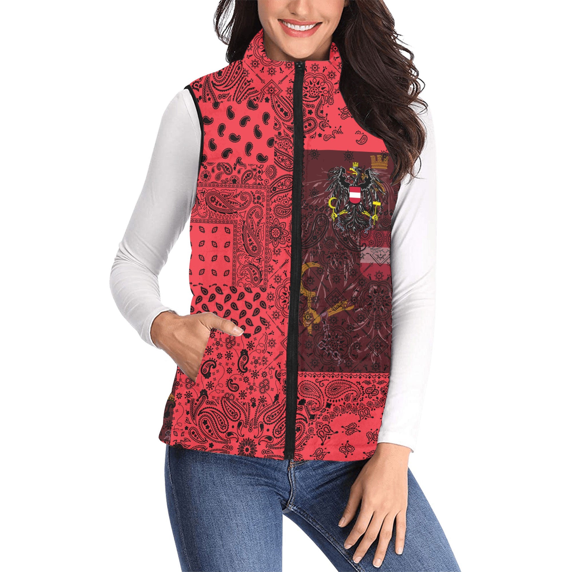 Austria Women Padded Jacket Vest Paisley Flag And Skull Style 1