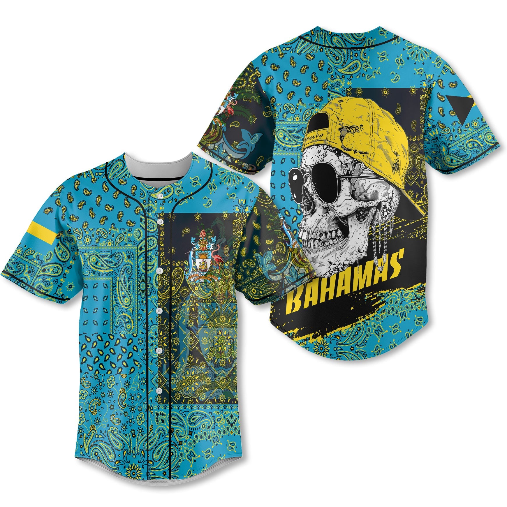 Bahamas Baseball Jersey Paisley Flag And Skull Style 1