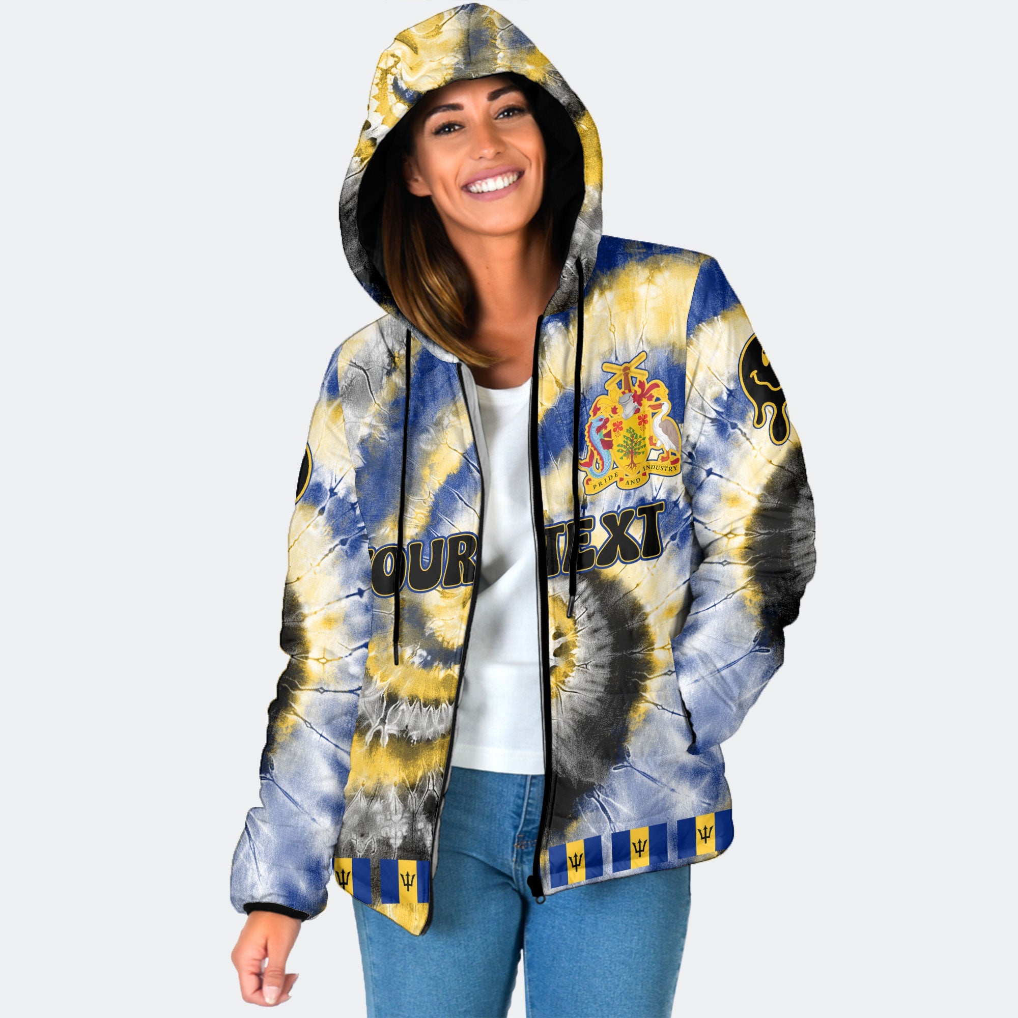 Barbados Women Hooded Padded Jacket Custom Tie Dye Style 1