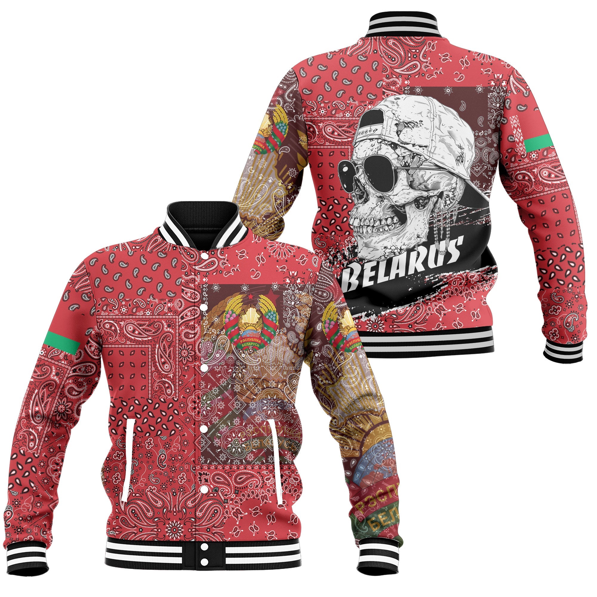 Belarus Baseball Jacket Paisley Flag And Skull Style 1